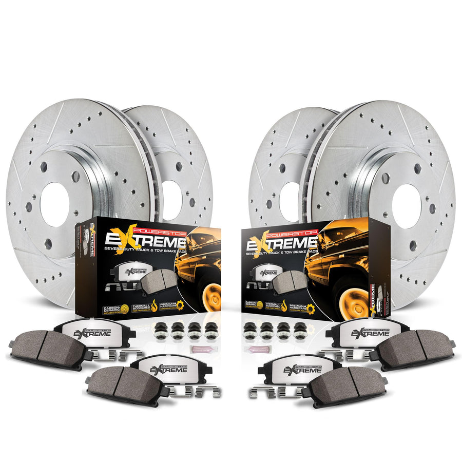Power Stop Brake Kit Front and Rear For 1993 1994 1995 1996 1997 1998 Jeep Grand Cherokee - Truck & Tow Carbon Fiber Ceramic Pads & Drilled and Slotted Rotors Replacement, K2121-36