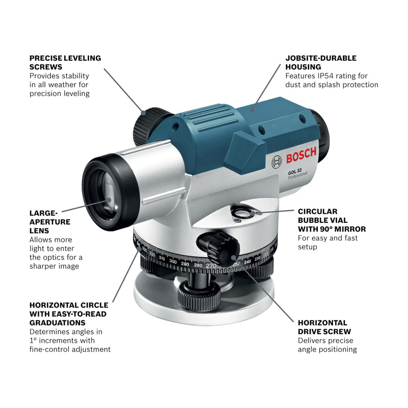BOSCH Automatic Optical Level GOL 32 32X, Includes Plumb Bob, Tool Kit, & Carrying Case