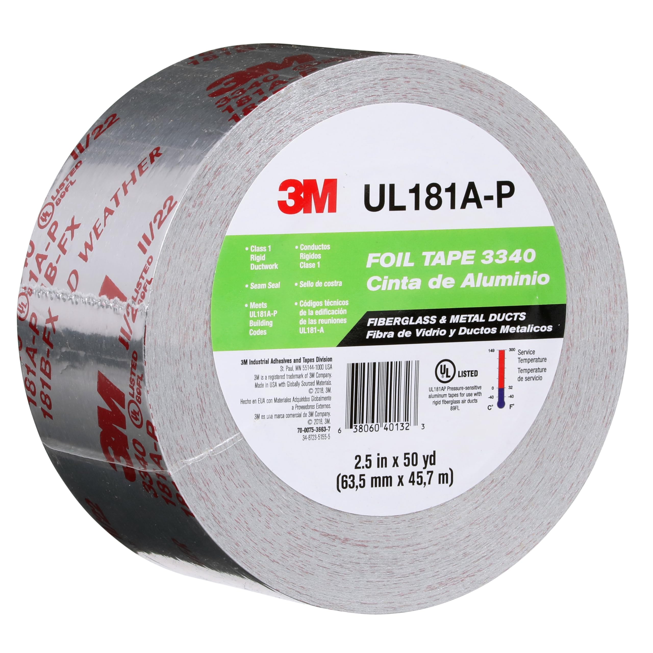 2.5" x 50 yd 3M Aluminum Foil Tape 3340, 4.0 mil, Silver, HVAC, Sealing and Patching Hot and Cold Air Ducts, Fiberglass Duct Board, Insulation, Metal Repair