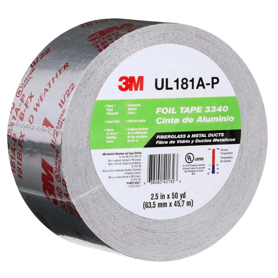 2.5" x 50 yd 3M Aluminum Foil Tape 3340, 4.0 mil, Silver, HVAC, Sealing and Patching Hot and Cold Air Ducts, Fiberglass Duct Board, Insulation, Metal Repair