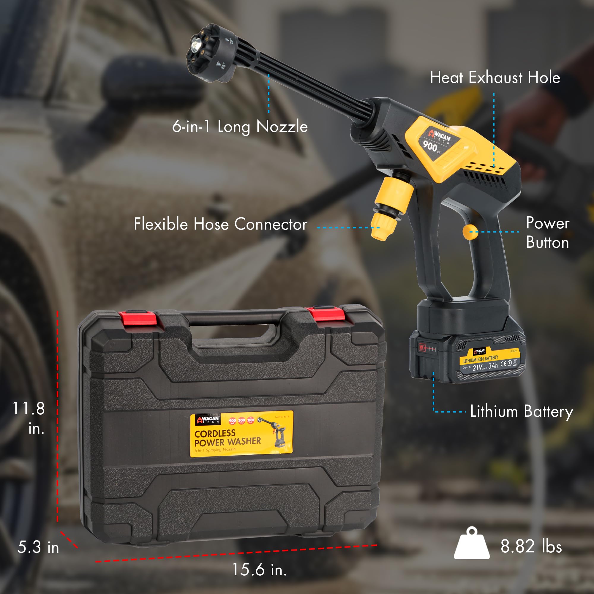 Wagan EL6312 Power Cordless Pressure Washer with 6-in-1 Long Nozzle 970PSI Portable Power Washer with 2 Rechargeable 3.0Ah Batteries Using for Car, Garden, Floor Cleaning