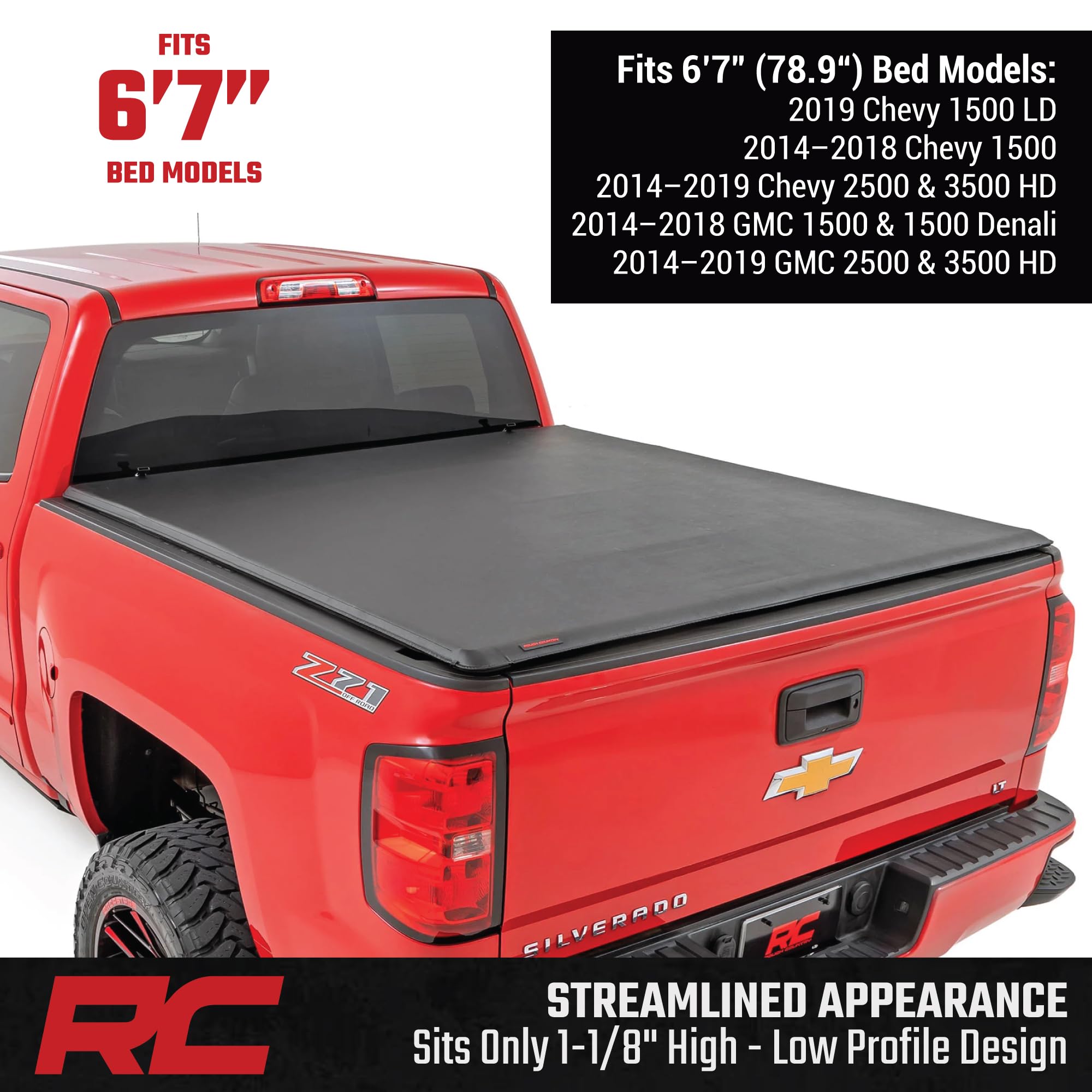 Soft Roll-Up Bed Cover Rough Country for Chevy Silverado & GMC Sierra 1500/2500HD/3500HD (2014–2019 & Classic) - Fits 6'7 Bed, Low-Profile Vinyl Tonneau Cover