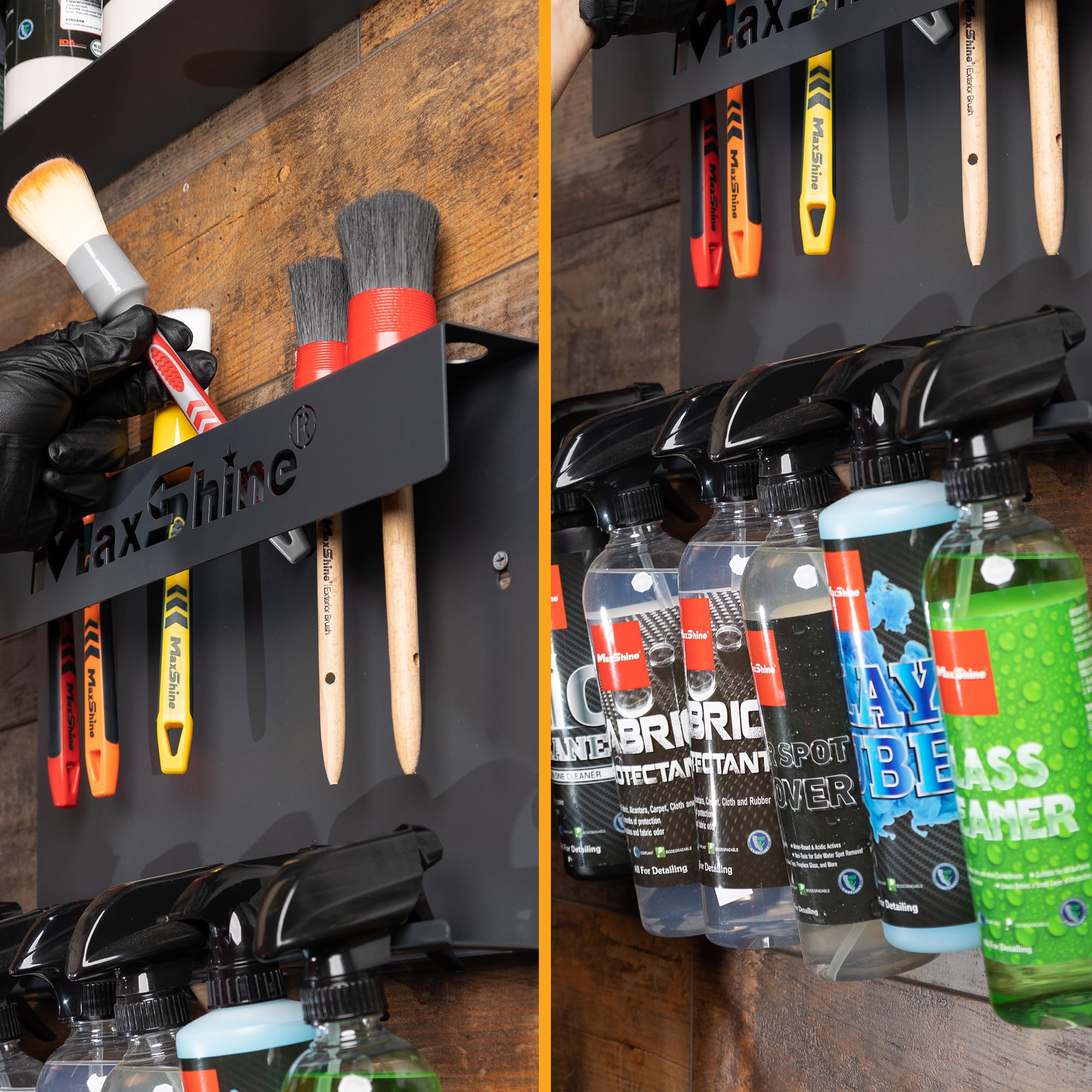 Maxshine Brush & Trigger Bottle Holder H06 Universal | Wall-Mount Organizer Holds 10 Brushes & 6 Spray Bottles | Black Powder-Coated Iron Rack for Garage, Auto Detailing Shop & Car Care Storage
