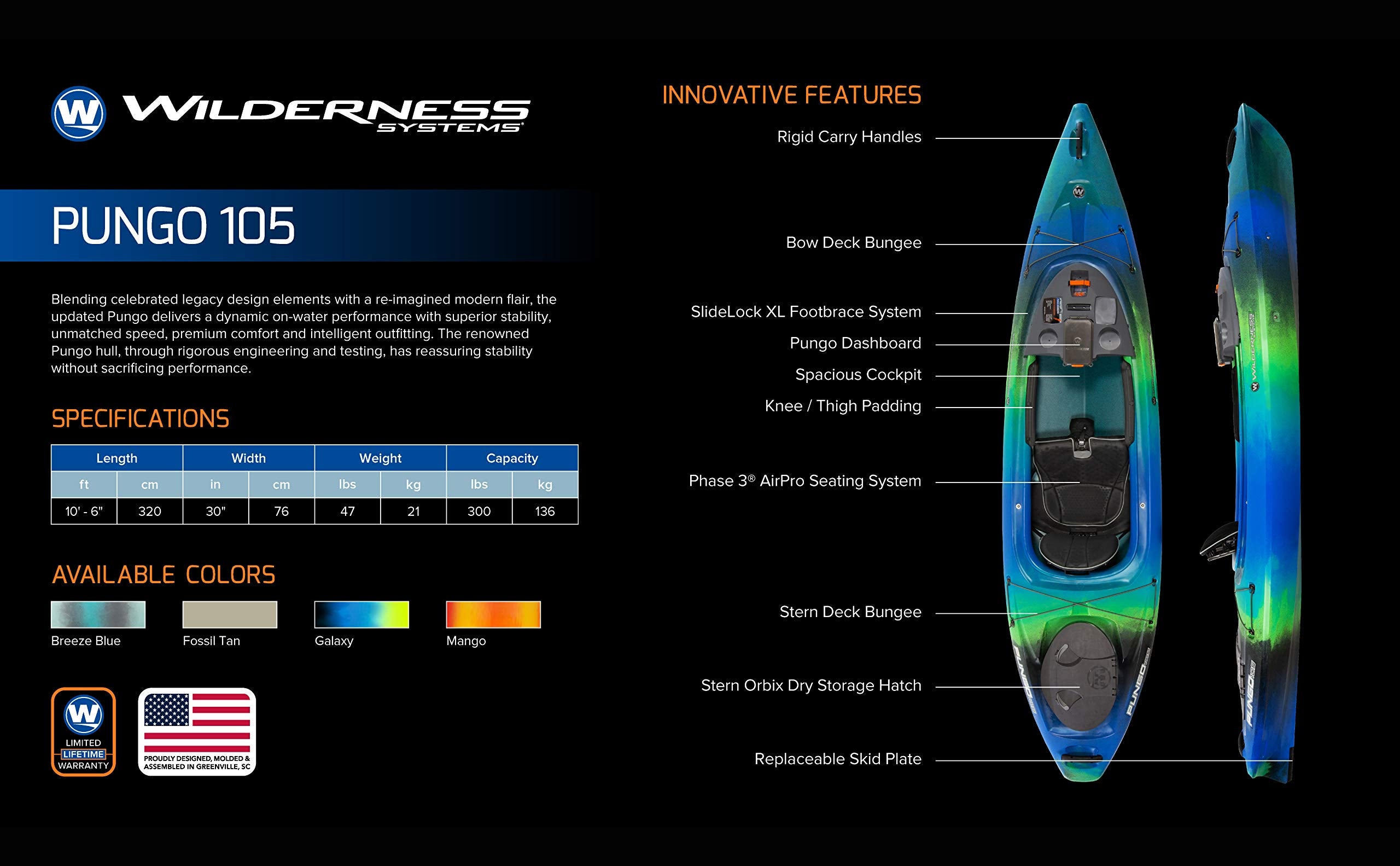 Pungo 105 Wilderness Systems Recreational Kayak - Sit Inside - Phase 3 Air Pro Comfort Seating - 10.6 ft - Galaxy
