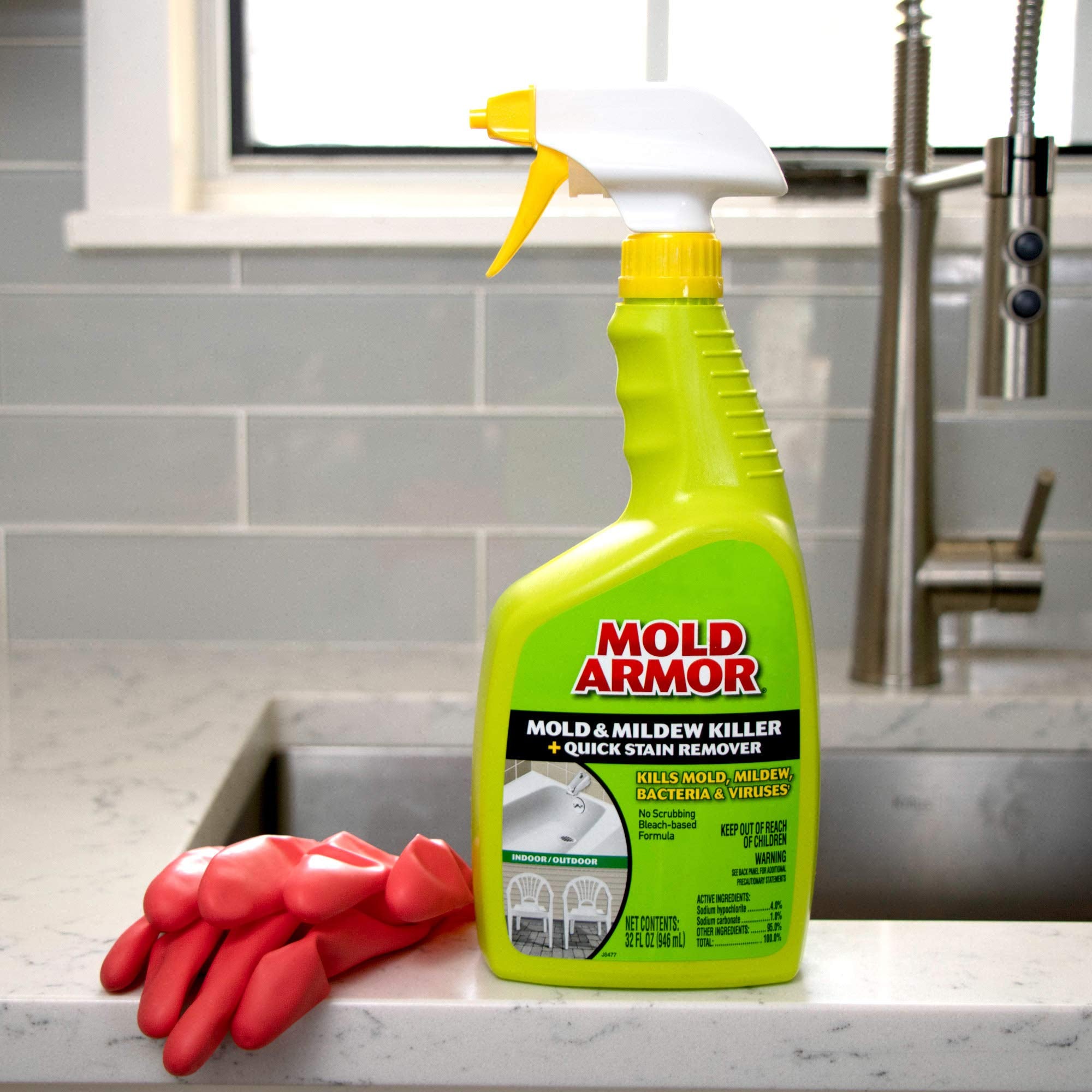 MOLD ARMOR Quick Stain Remover + Mold and Mildew Killer, 32 oz., Trigger Spray Bottle, Eliminates 99.9% of Household Bacteria and Viruses, Ideal Bathroom Mold and Mildew Remover