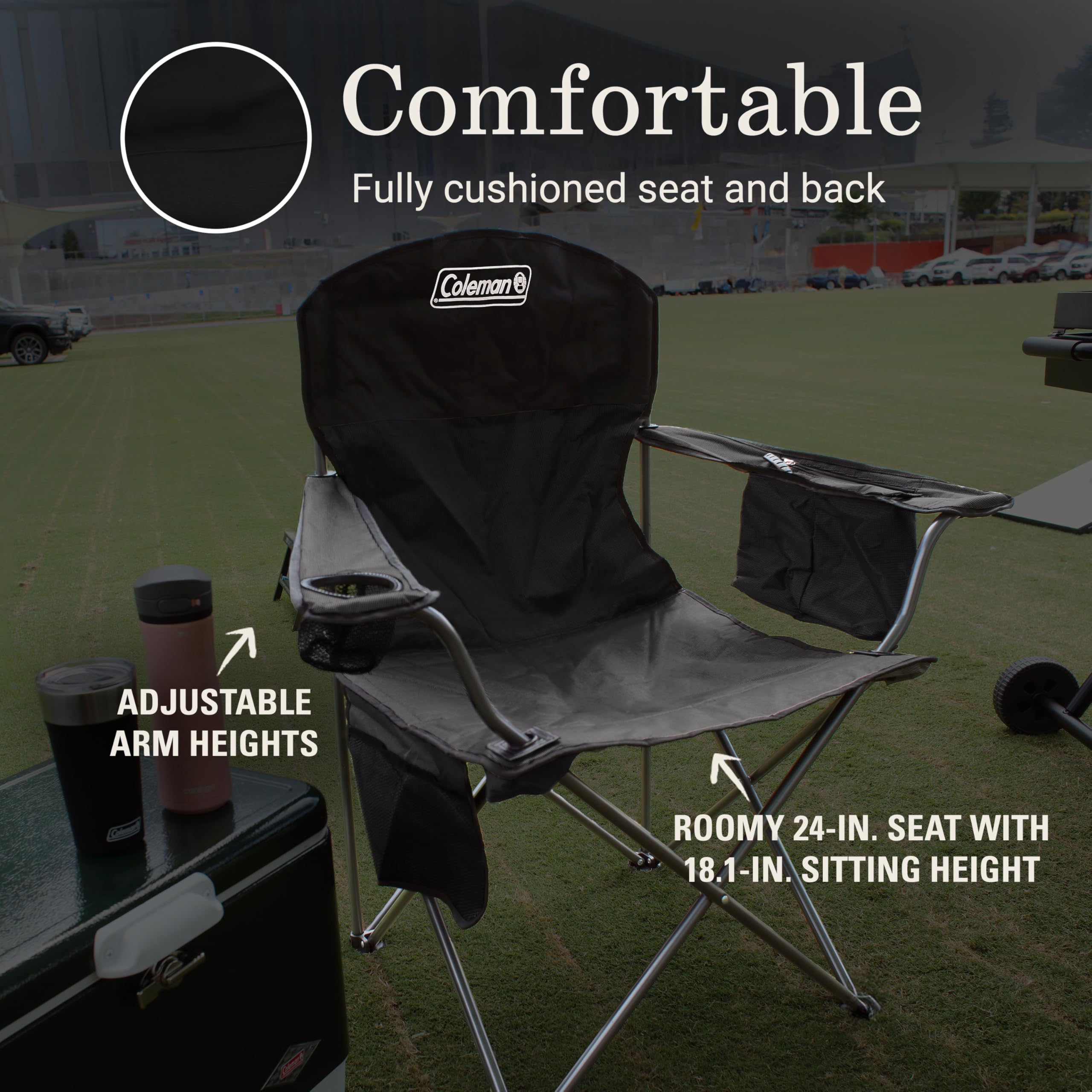 Coleman Camping Chair Portable with 4-Can Cooler, Cushioned Seat & Back with Side Pockets & Cup Holder, Carry Bag Included, Great for Camping, Tailgating, Firepits, Patio, & More