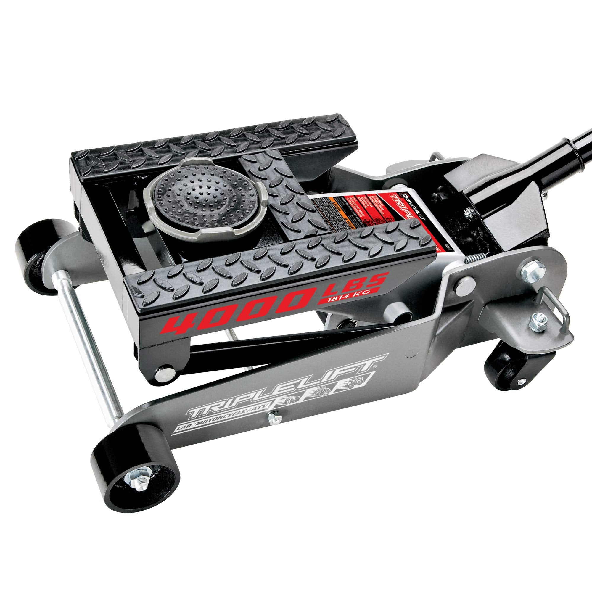Powerbuilt 2 Ton Floor Jack Triple Lift, Works on Cars, Trucks, Motorcycles, ATV's, Transmissions, 4-3/4 to 17 in. Range, Wide and Stable, Locking Safety Bar - 620422E