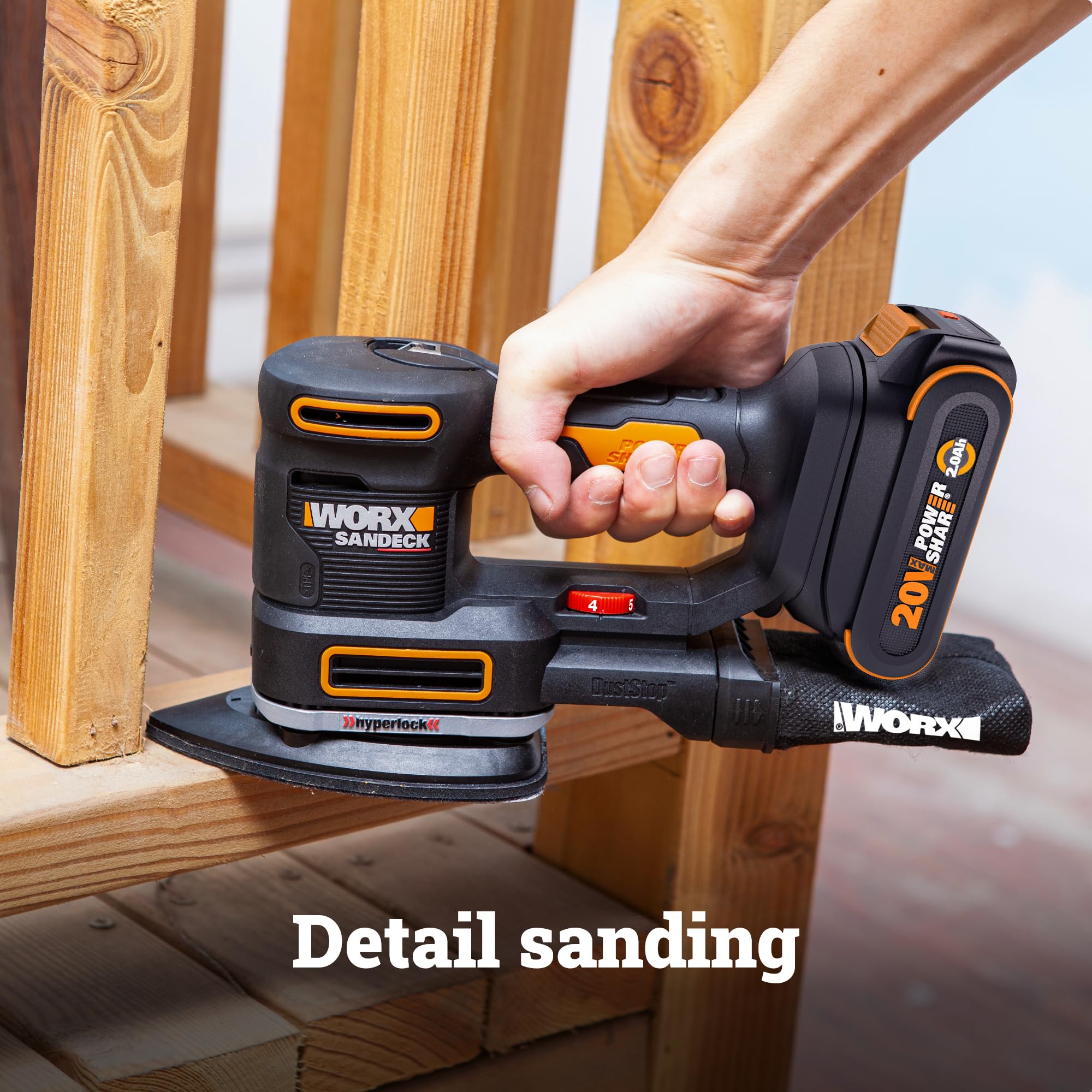 WORX 20V Cordless Sander, 10,000 orbits/minute Electric Sander, 5-in-1 Functions, Tool-less Sanding Pad Change, 20 V 2.0 Ah Battery and Charger Included, PowerShare
