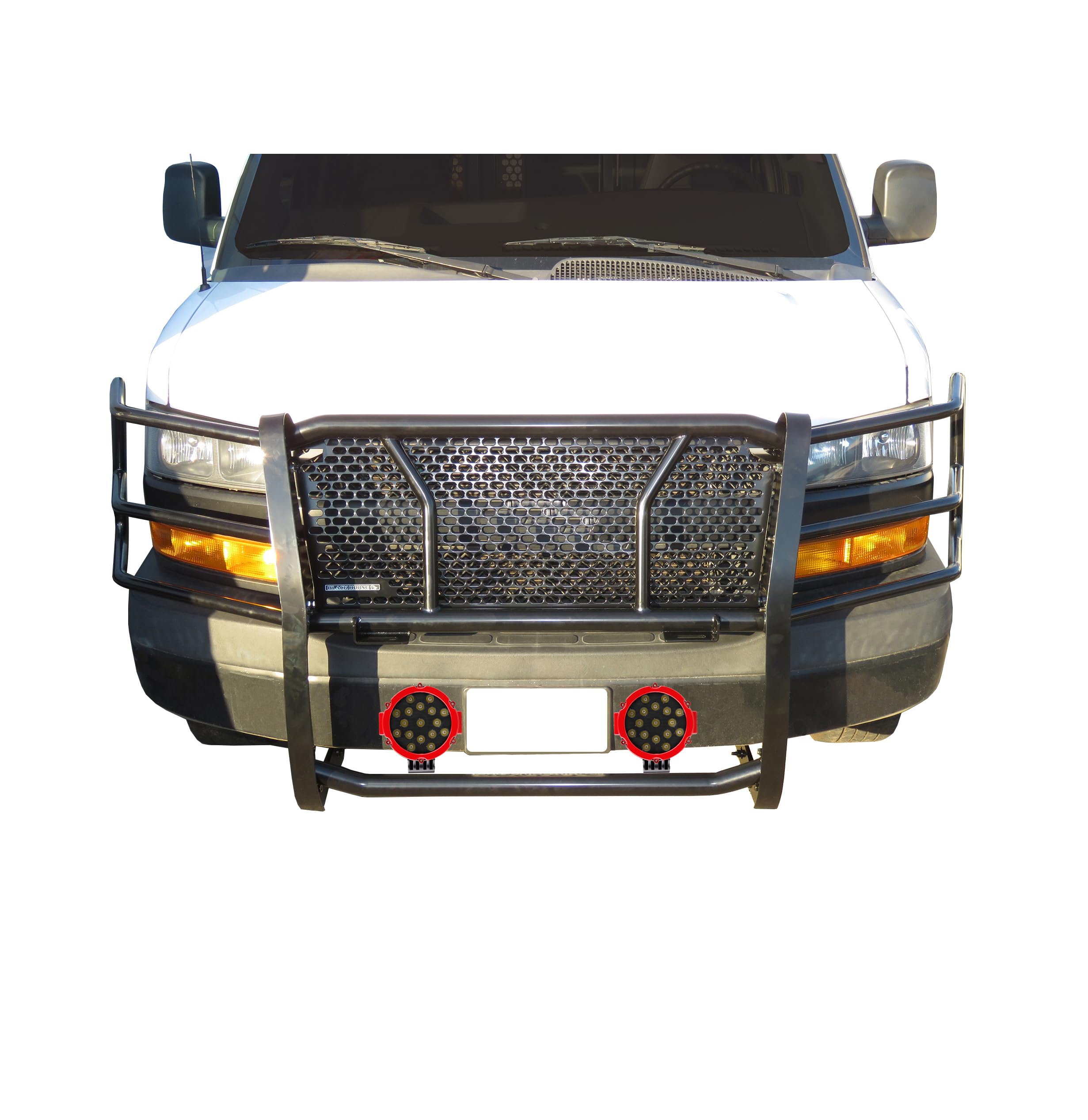 RUGGED HD Black Horse Grille Brush Bumper Guard Modular Come W/pair of 7.0"LED Lights Compatible with 03-14 Express 1500|03-24 Express 2500/3500|09-24 Express 4500/Express Cargo-RU-GV02MA-B-PLR