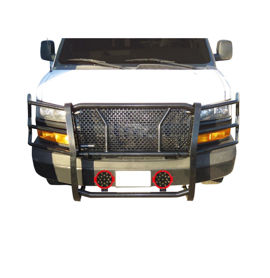 RUGGED HD Black Horse Grille Brush Bumper Guard Modular Come W/pair of 7.0"LED Lights Compatible with 03-14 Express 1500|03-24 Express 2500/3500|09-24 Express 4500/Express Cargo-RU-GV02MA-B-PLR