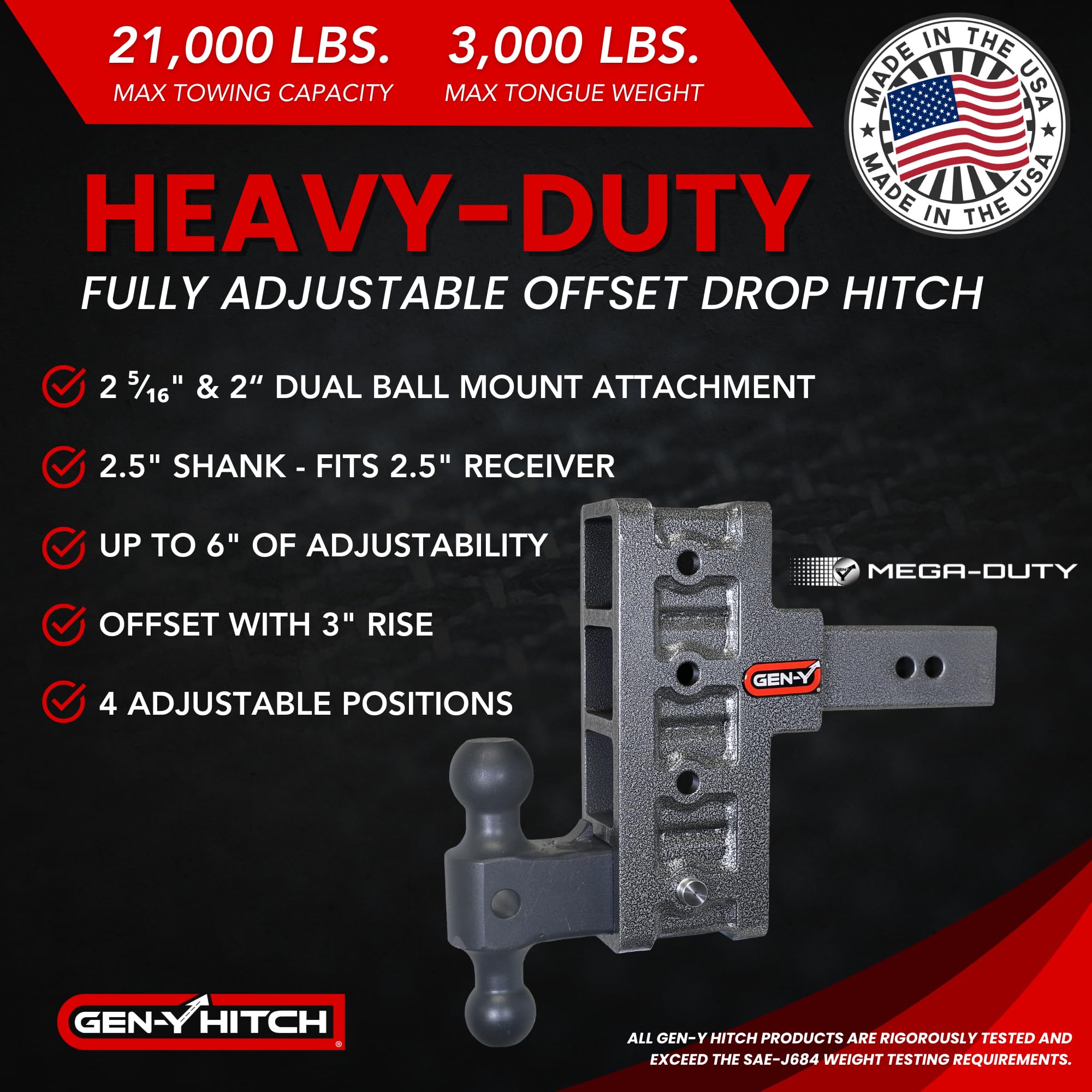 GEN-Y Offset Hitch Tow Hitch for 2.5" Receiver - 3" Rise/6" Drop with 4 Adjustable Positions, Includes Dual Ball Mount and Locking Pin, 21,000 lbs Towing Capacity, 3,000 lbs Tongue Weight