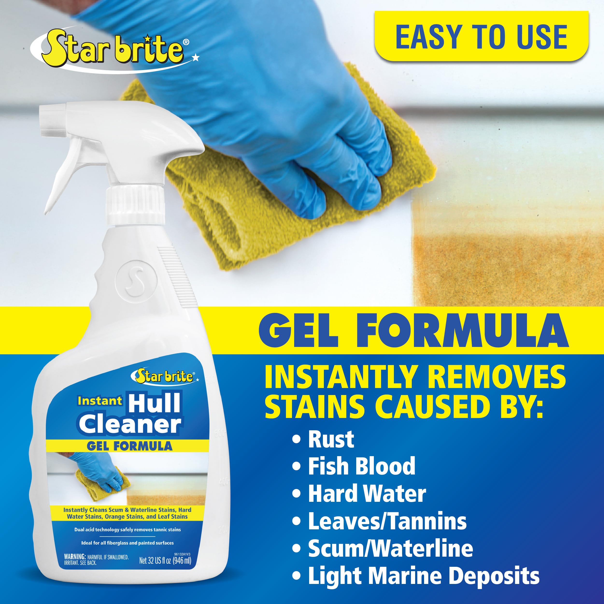 Instant Hull Cleaner STAR BRITE - 32 Oz Gel Spray - Easily Remove Stains, Scum Lines & Grime on Boat Hulls, Fiberglass, Plastic & Painted Surfaces - Easy to Use Formula (096132)