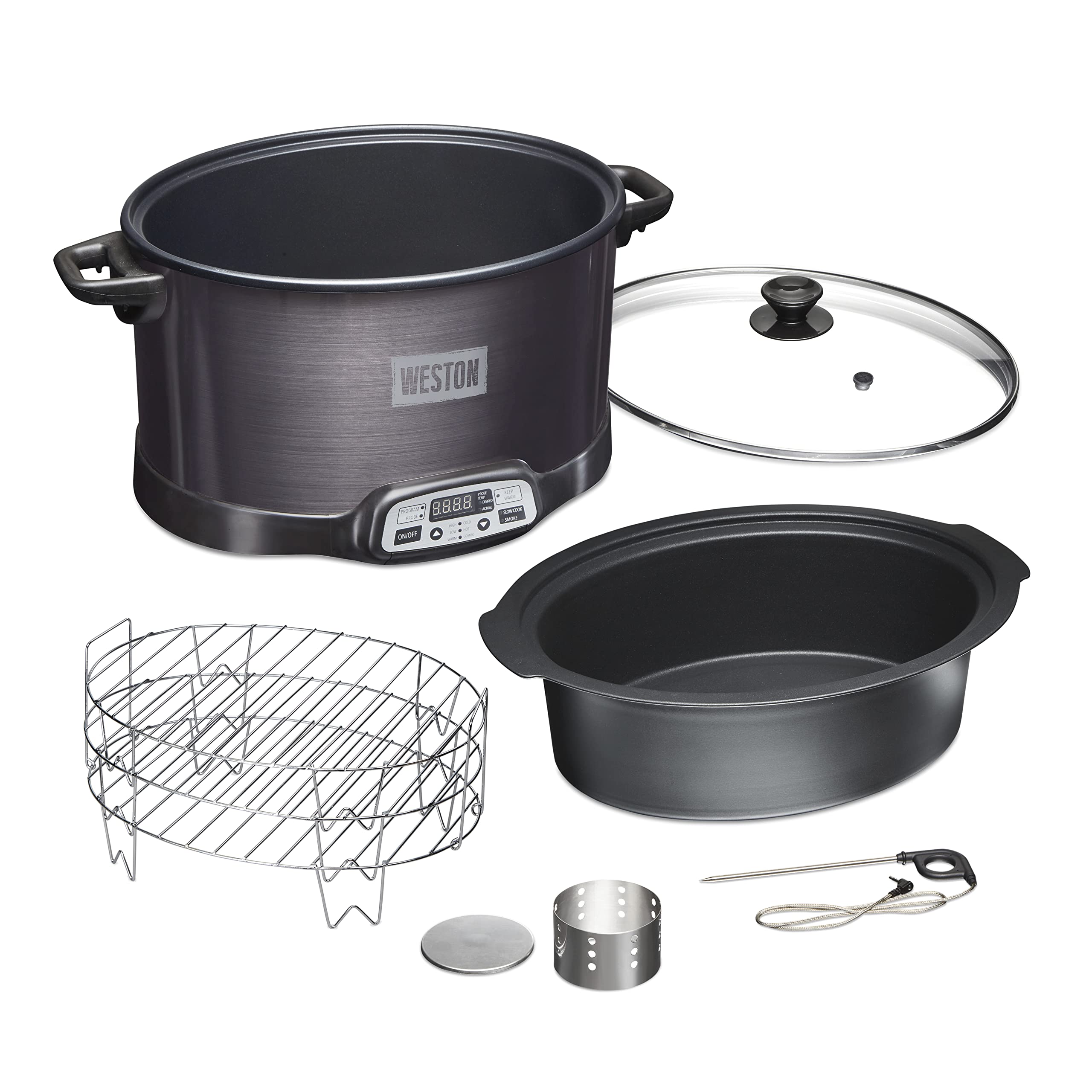 2-in-1 WESTON BRANDS Indoor Electric Smoker & Programmable Slow Cooker, 6 Quart, With 3-Tier Smoking Rack for Meat, Cheese and More, Dishwasher Safe Crock, Temperature Probe, Black (03-2500-W)