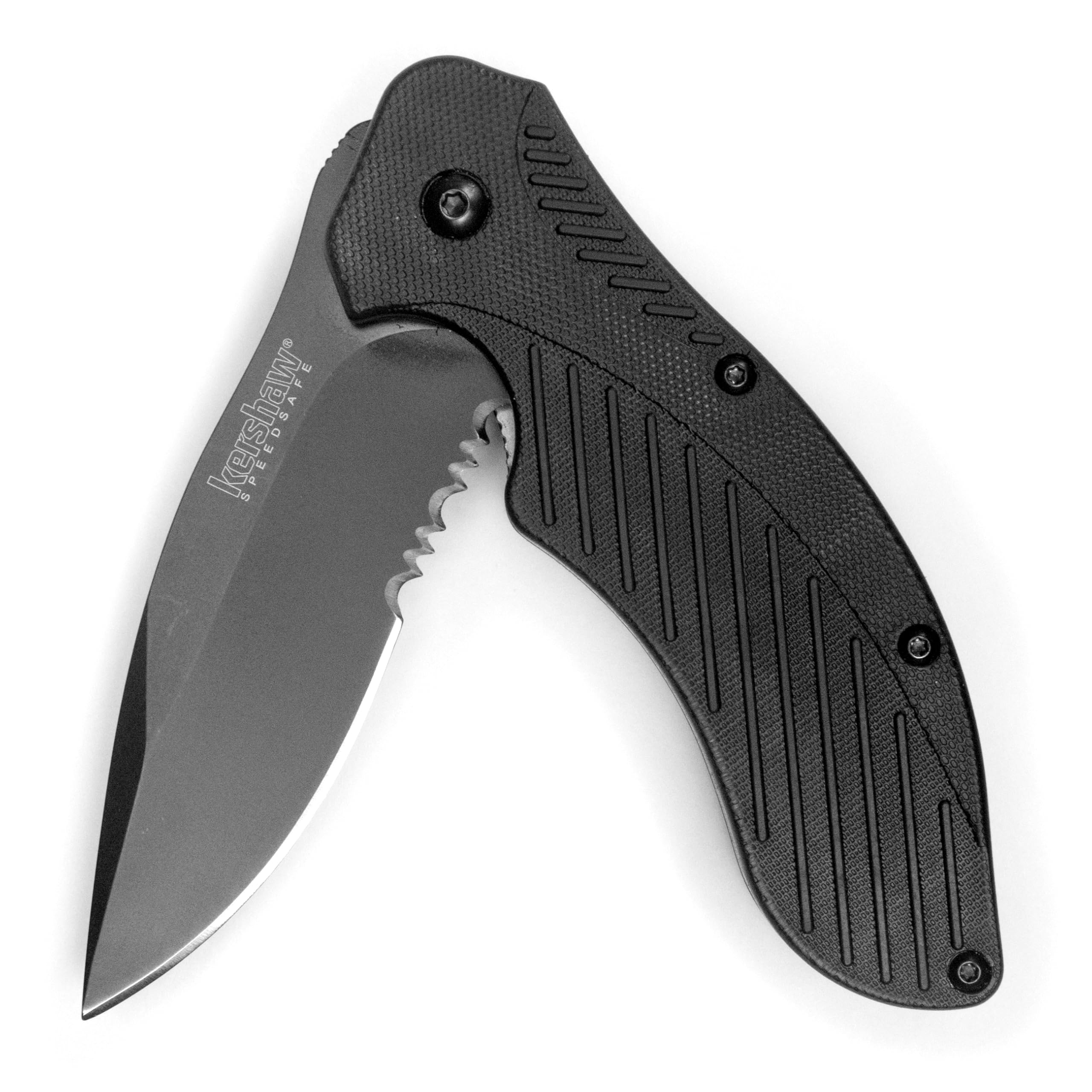 Kershaw Black Clash Serrated Pocketknife, 3" 8Cr13MoV Steel Drop Point Blade, Assisted One-Handed Flipper Opening, Folding Utility EDC
