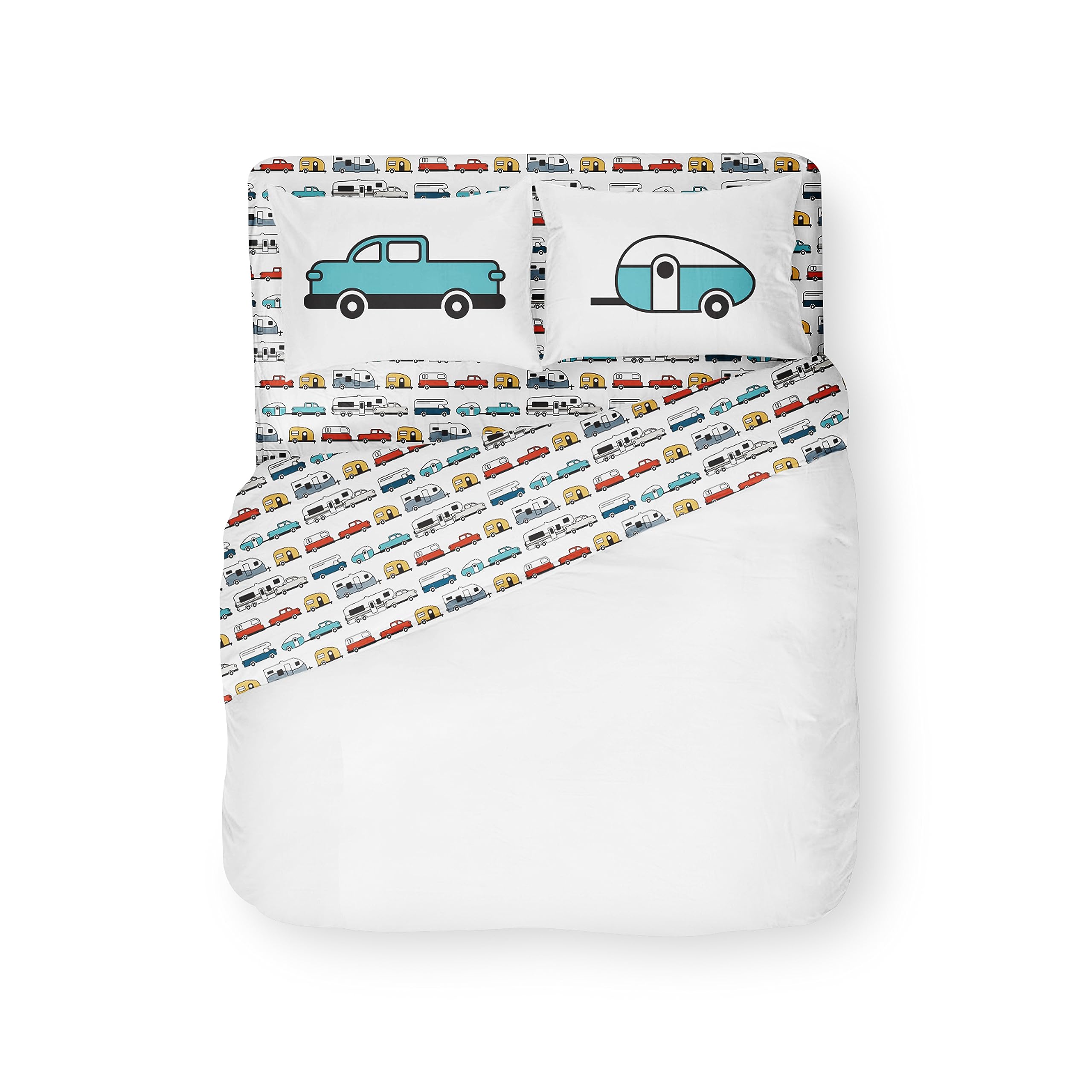 Camco Queen Sheet Set & RV Camper - Features Travel Trailer Print Design - Crafted of Soft Machine Washable Polyester - 4 Piece Set Includes Fitted Sheet, Flat Sheet, & 2 Pillowcases (53299)