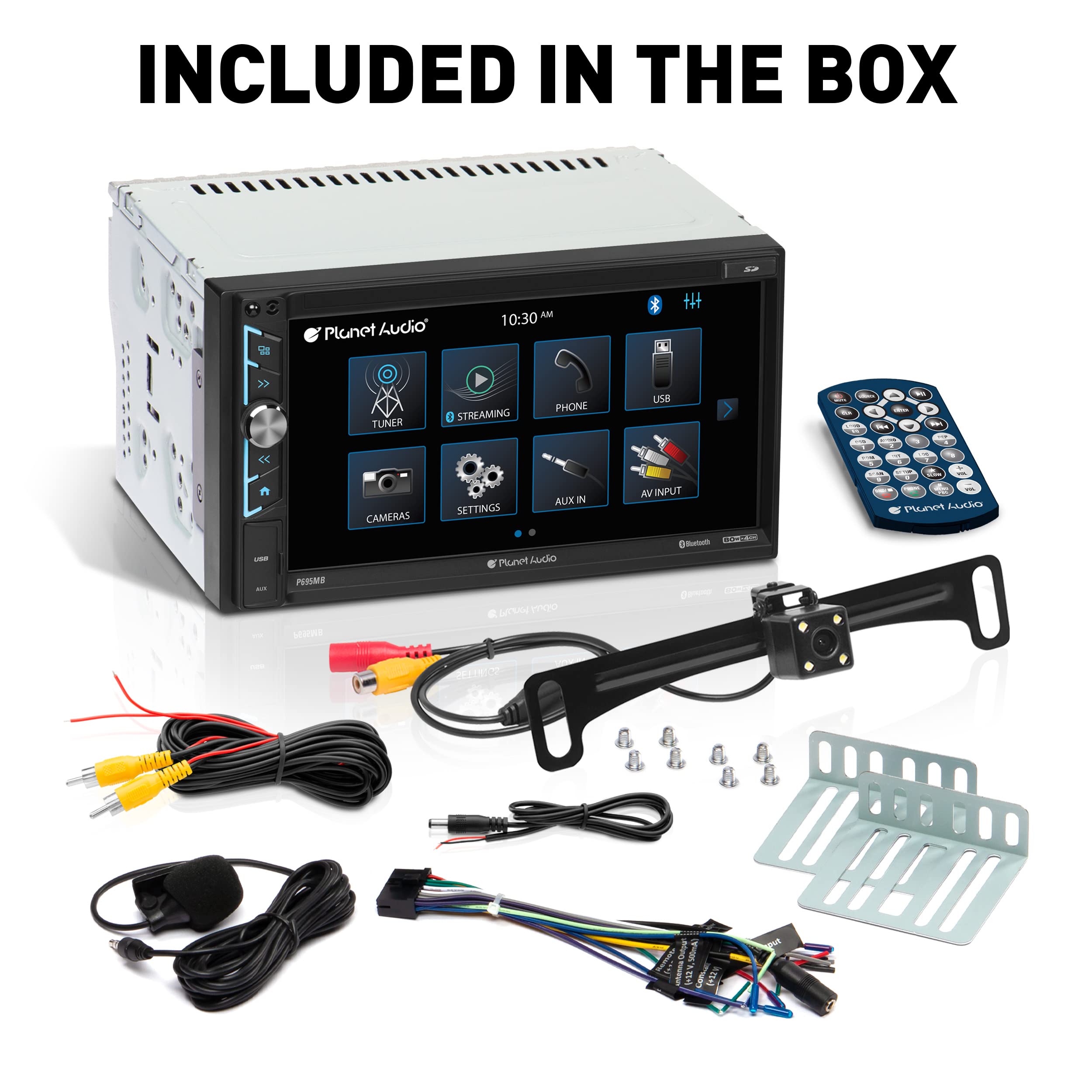 P695MBRC Planet Audio Car Stereo System - A-Link (Screen Mirroring), 6.95 Inch Double Din, Touchscreen, Bluetooth Head Unit, Radio Receiver, No CD Player, Backup Camera, Hook Up to Amplifier