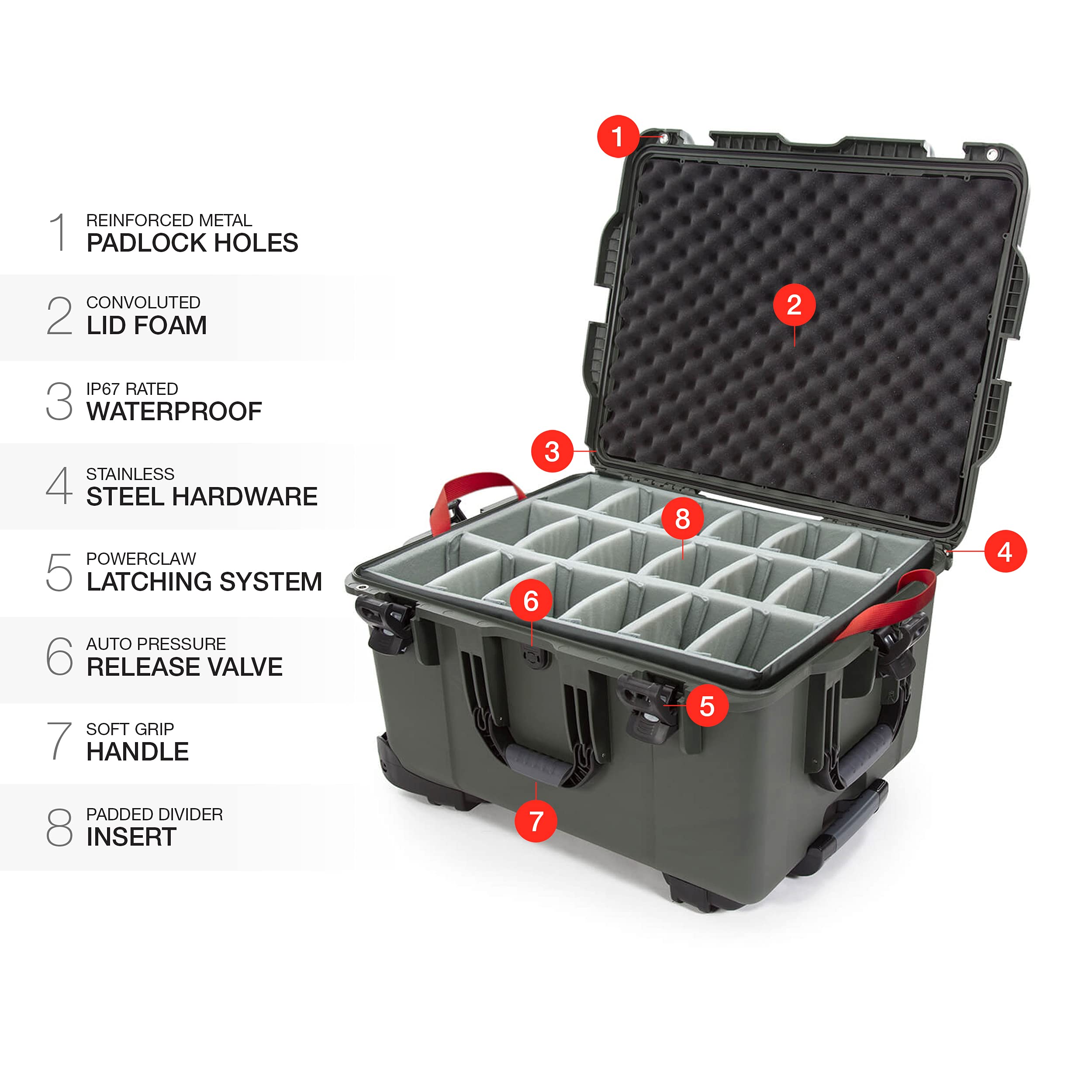 NANUK 960 Wheeled Series Lightweight NK-7 Resin Waterproof Case with Padded Divider, Olive
