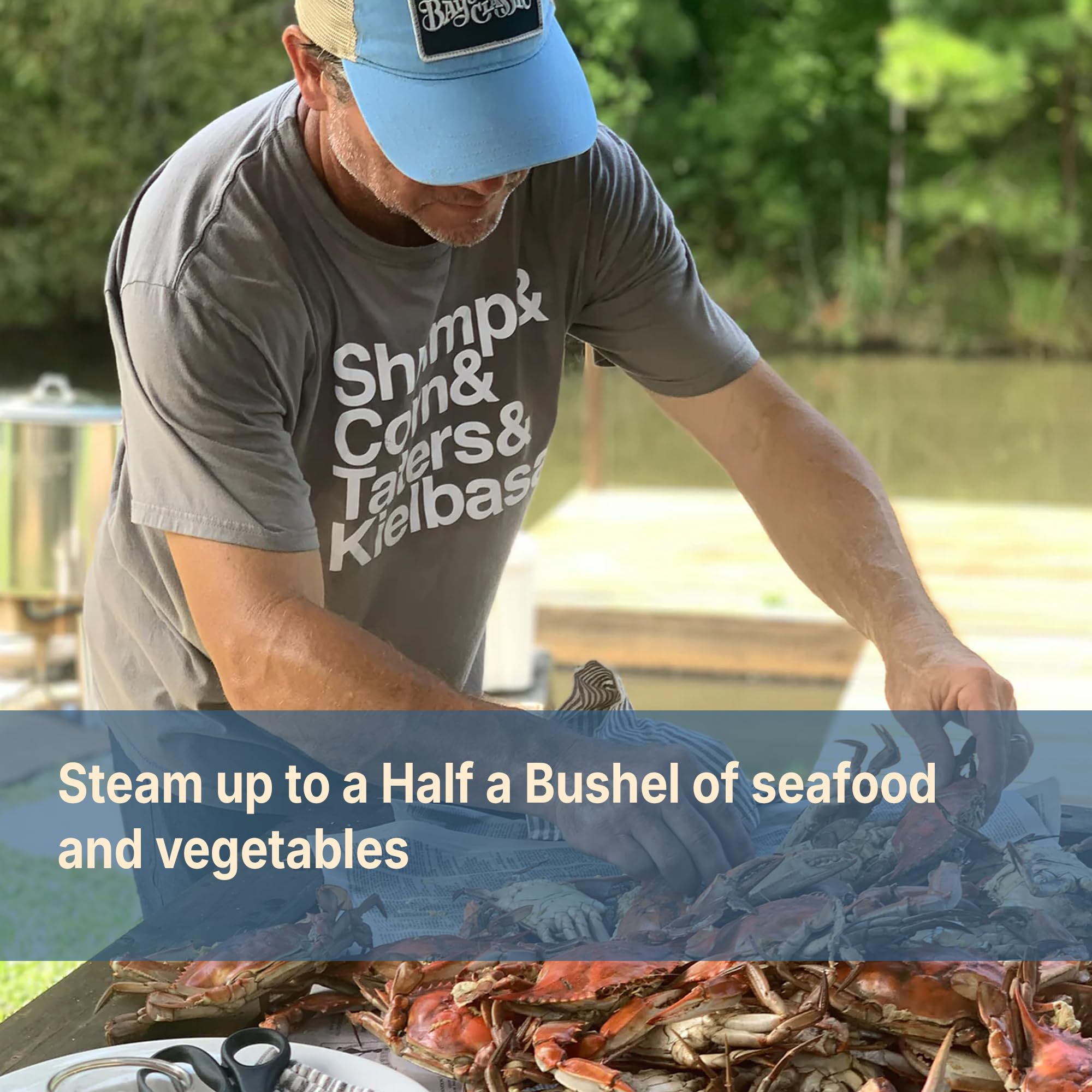 Bayou Classic KDS-151 Steamer Kit Stainless Features Heavy Welded Loop Handles 4-in Cast Aluminum Burner 10-psi Regulator w/ 48-in Hose Perfect For Steaming Up To A Half Bushel of Seafood