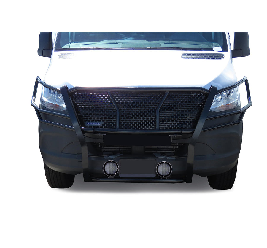 Heavy Duty Black Horse Rugged Grille Brush Bumper Guard Modular Come with Pair of 5.3" LED Lights Compatible with 2019-2025 Dodge Sprinter-Benz Sprinter 1500/2500/3500-RU-DOSP19-B-PLFB