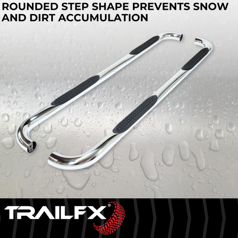 Nerf Bar TrailFX A0069S, 3 In Round Bent, Polished, Stainless Steel, With Step Pads, W/O End Caps, Rocker Panel Mount, Fits 2025 Toyota 4Runner (Will Not Fit Models With Lower Rocker Panel Extensions)