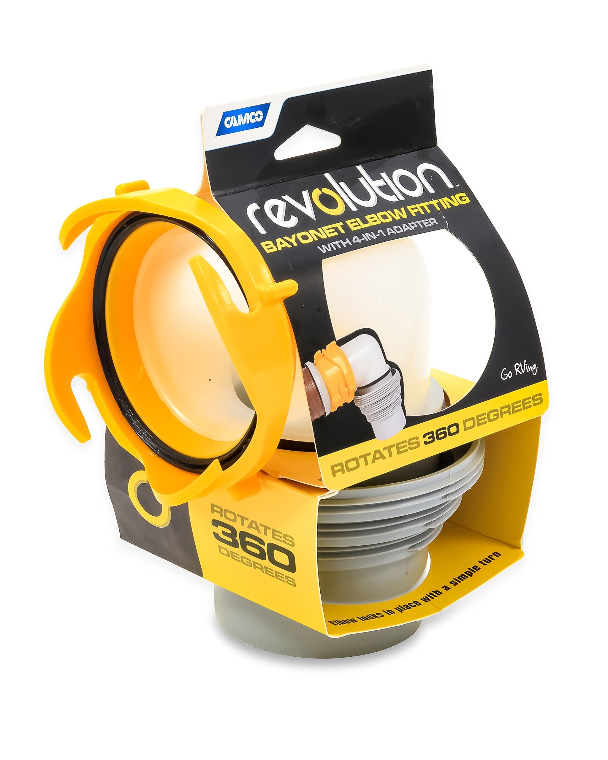 Camco RV Sewer Hose Bayonet Elbow Revolution | Features a Built-In Gasket for an Odor-Tight Connection, a 360-Degree Swivel for Easy Install, and Includes a 4-in-1 Adapter (39471)