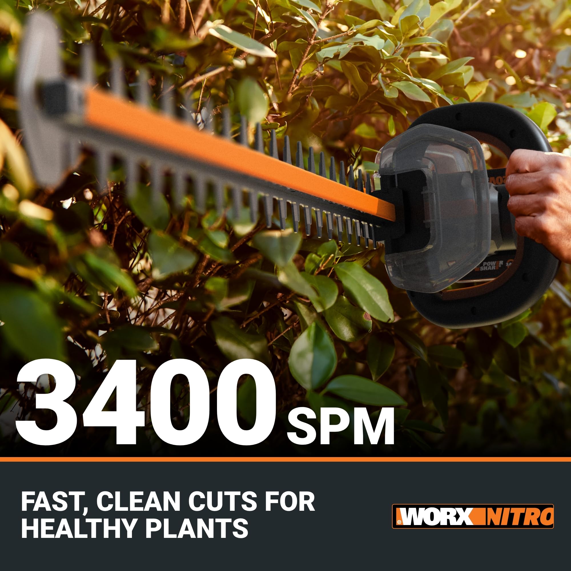 WORX 24" Nitro Cordless Hedge Trimmer, Electric Hedge Trimmer with Dual-Action Blades & 3400 SPM, Brushless Bush Trimmer with 180° Rotating Handle, 2 Batteries & Charger Included, WG286