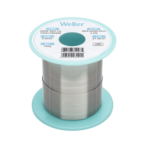 Weller Lead Free Solder Wire WSW SAC L0 (T0051388499), Dia: 0.5 mm / 0.020 in, Wt: 100 g / 3.527 oz, Alloy Sn96.5Ag3.0Cu0.5, Flux content 3.5%