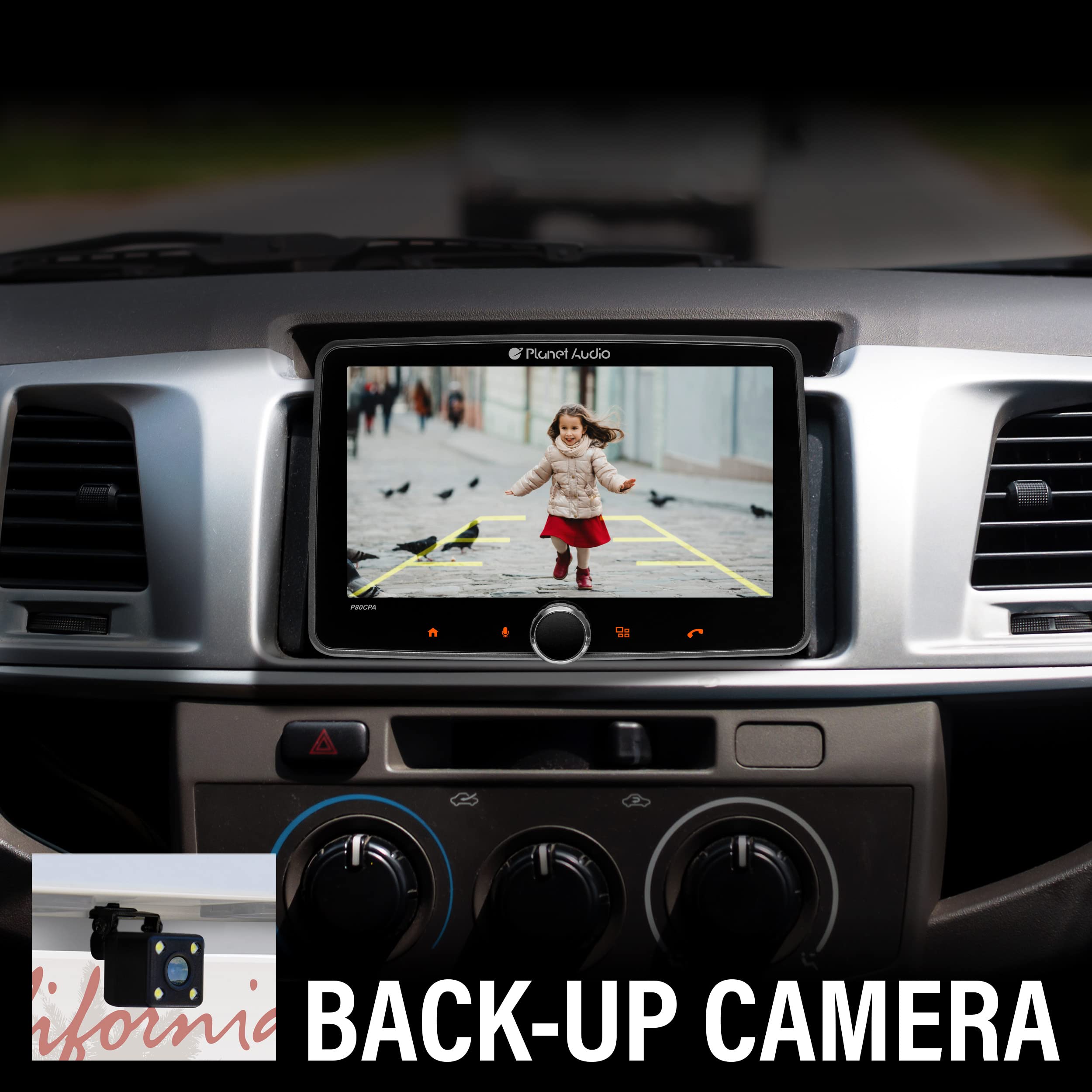 Car Stereo System Planet Audio P80CPAC, Apple CarPlay, Android Auto - Single Din, 8 Inch Touchscreen, Bluetooth Audio and Calling Head Unit, AM/FM Radio Receiver, No CD Player, USB, Hook to Amplifier