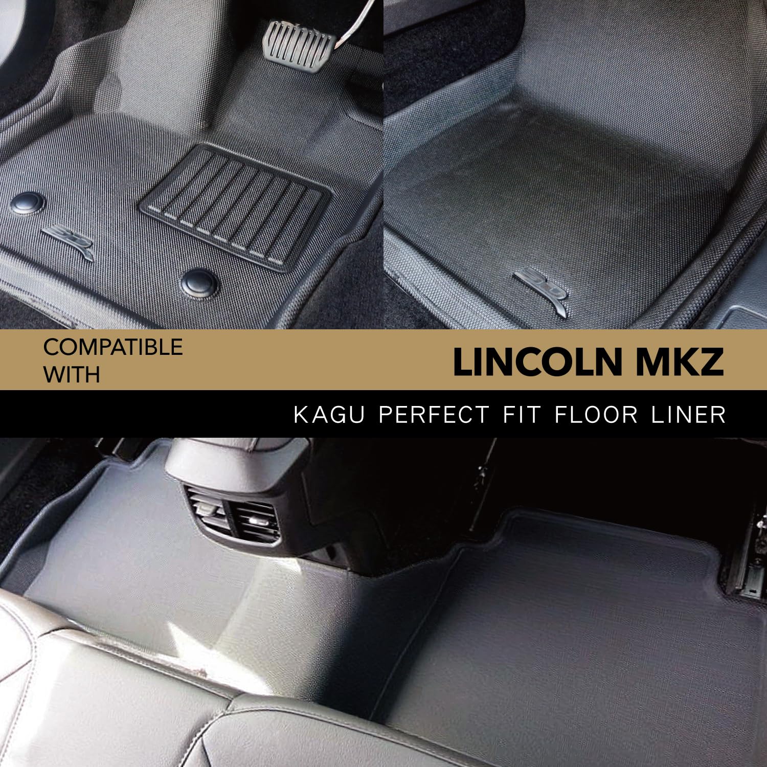 3D MAXpider Complete Set Black for 2017-2020 Lincoln MKZ Kagu Custom Fit All-Weather Series Fornt and Second Row Floor Mats Medium