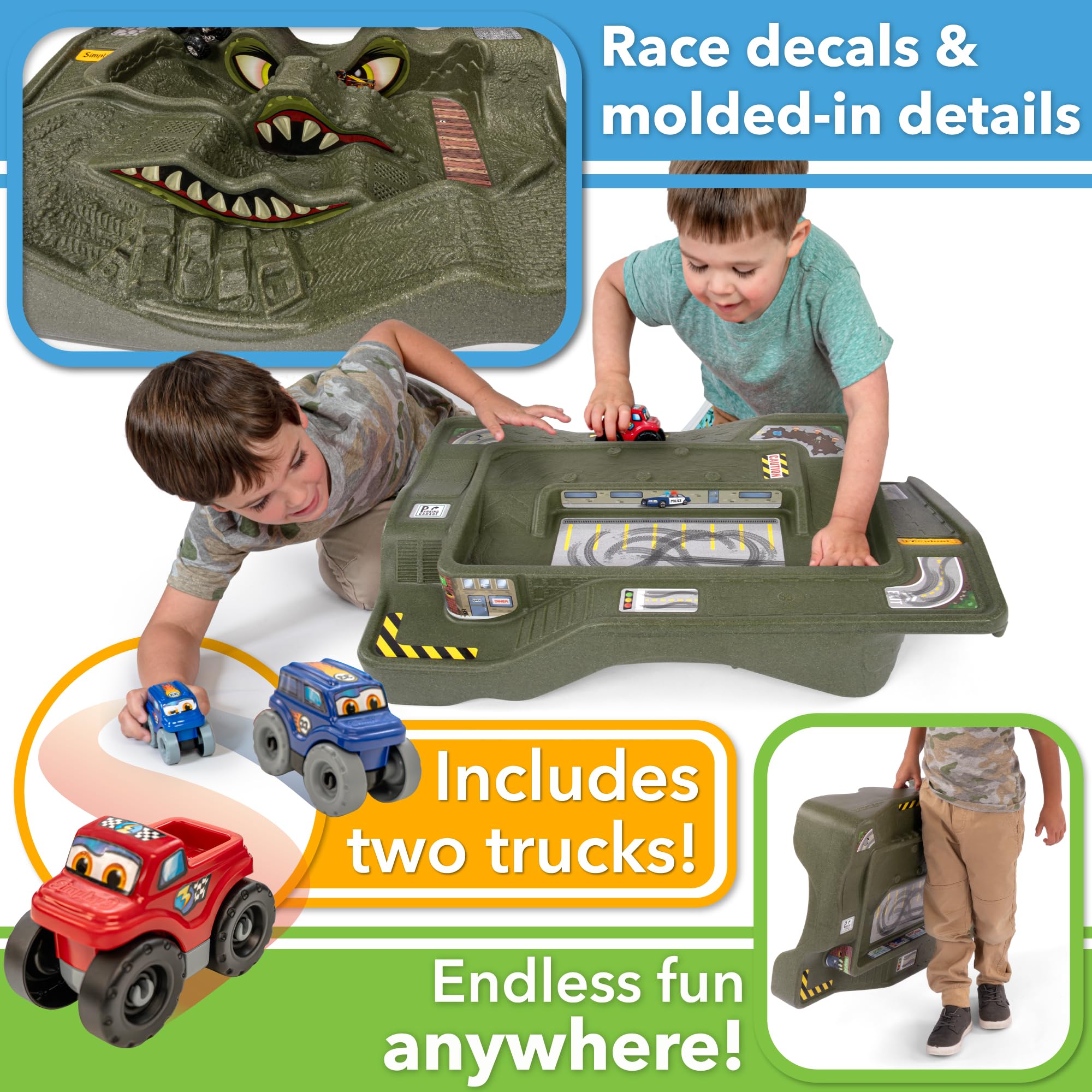 Simplay3 Extreme Wheels Monster City Car Race Track Table - 2 Sided Portable Kids Play Table with 2 Race Trucks - Green - Made in USA