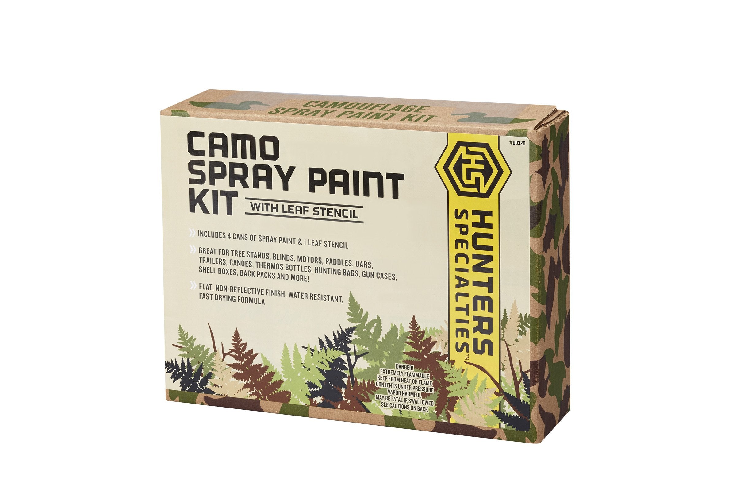 Camo Spray Paint Kit Hunters Specialties with Leaf Stencil - Non-Reflective Finish Water Resistant Fast Drying Paint for Treestands, Decoys, Blinds & Other Hunting Equipment, 4 Colors - 12 Oz Spray Can