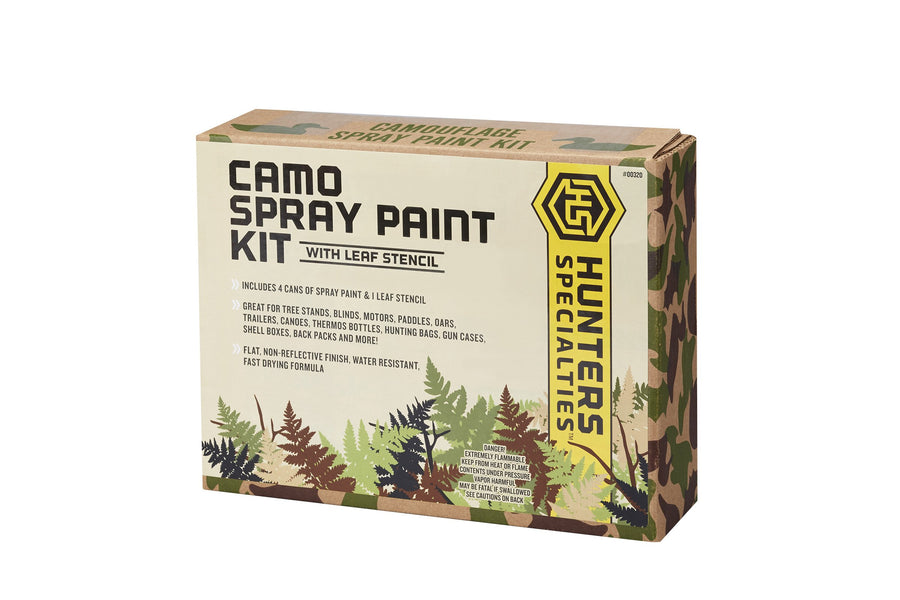 Camo Spray Paint Kit Hunters Specialties with Leaf Stencil - Non-Reflective Finish Water Resistant Fast Drying Paint for Treestands, Decoys, Blinds & Other Hunting Equipment, 4 Colors - 12 Oz Spray Can