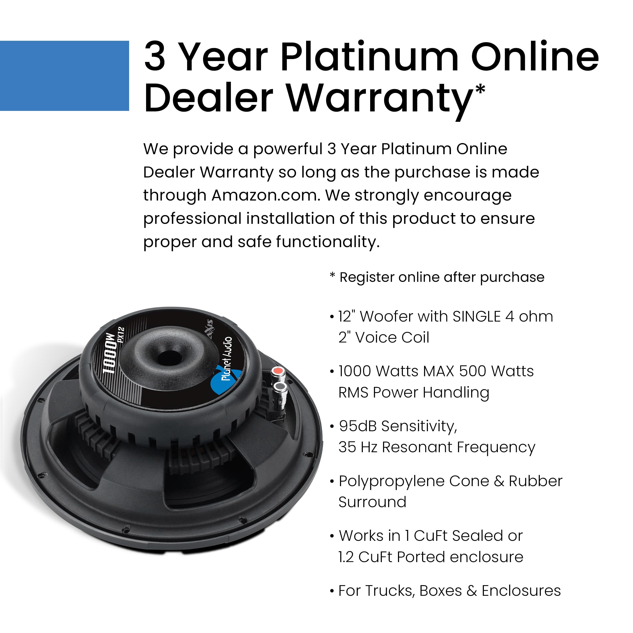 12 Inch Planet Audio PX12 Axis Series Car Subwoofer - 1000 Watts Max, Single 4 Ohm Voice Coil, Sold Individually, Hook Up to Amp