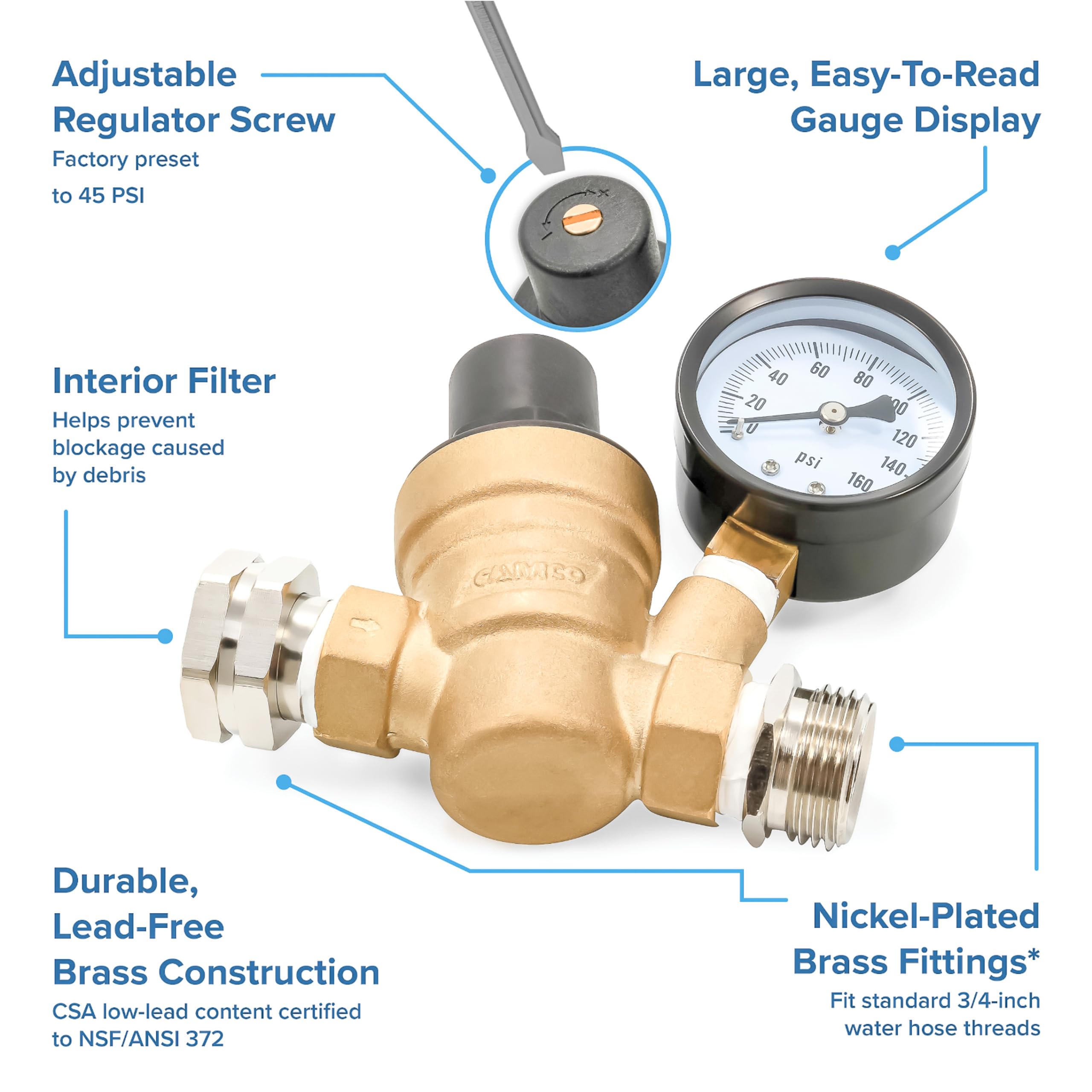 Camco Brass Adjustable RV/Marine Water Pressure Regulator | Help Stop Damage to RV/Marine Appliances, Plumbing Fixtures, and Hoses | Features Standard Garden Hose Threads for Simple Hookup | (40058)