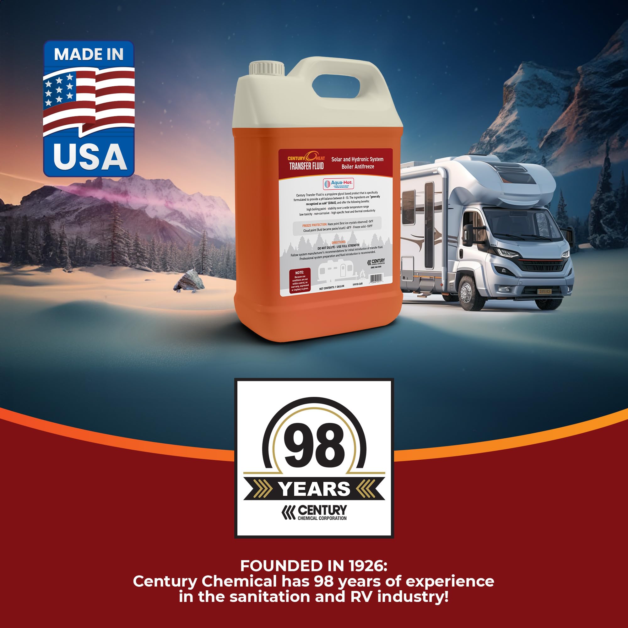 Heat Transfer Century Fluid, Non-Corrosive, Non-Toxic Propylene Glycol RV Antifreeze for Heating Systems | Ready to Use | Recomended by Aqua-Hot, Oasis & Timberline. - Red 1 Gallon