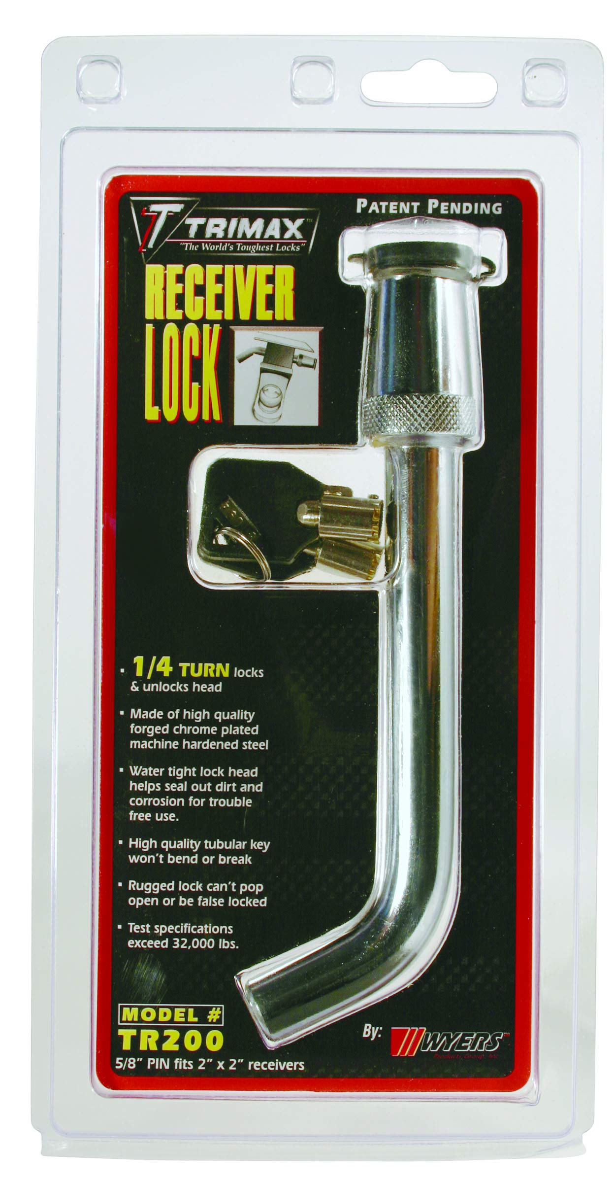 5/8" Dia. Trimax Deluxe Key Bent Pin Receiver Lock, 3-1/2" Span TR200, Clam Packaging, Chrome
