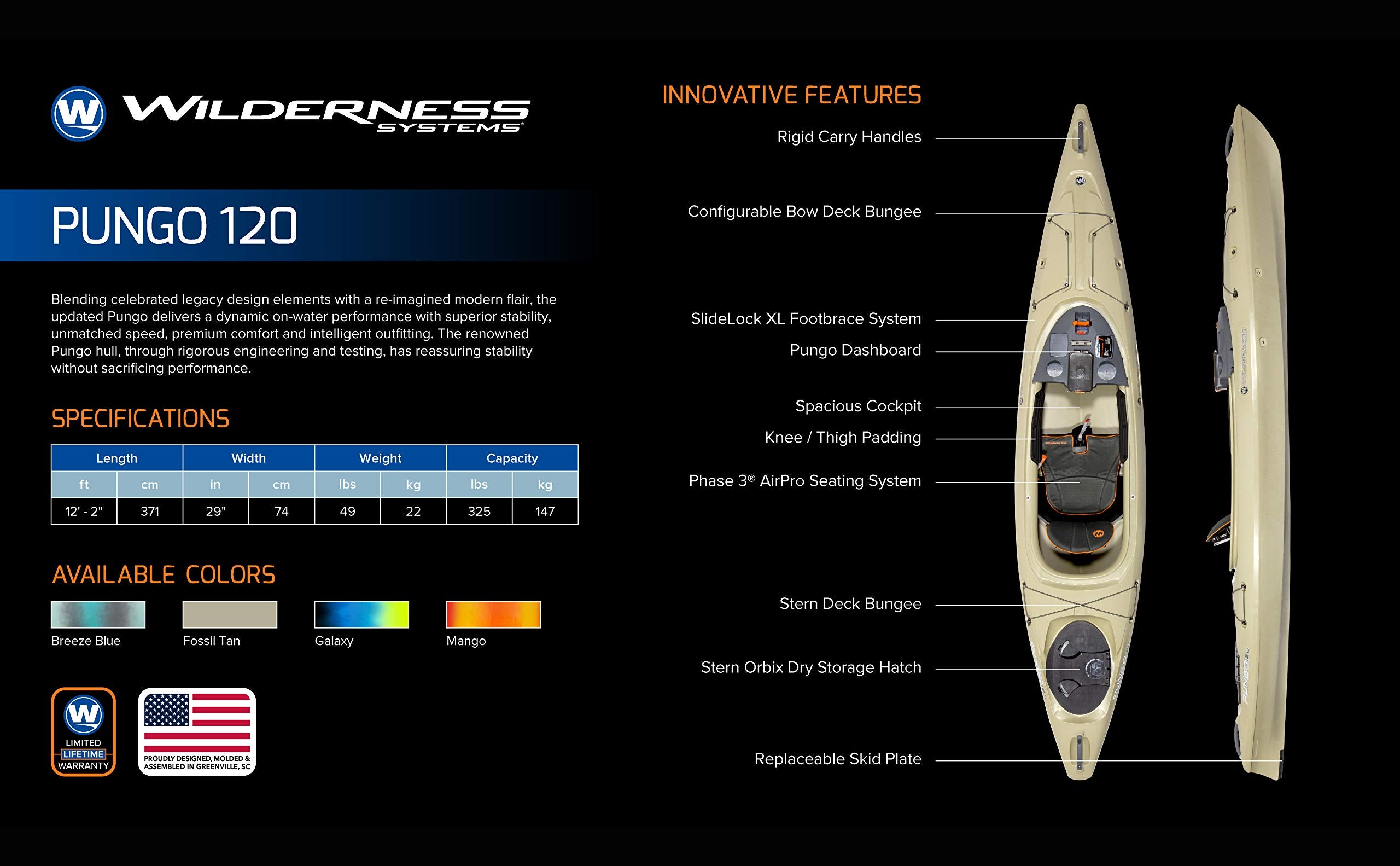 Pungo 120 Wilderness Systems Recreational Kayak - Sit Inside - Phase 3 Air Pro Comfort Seating - 12.2 ft - Mango