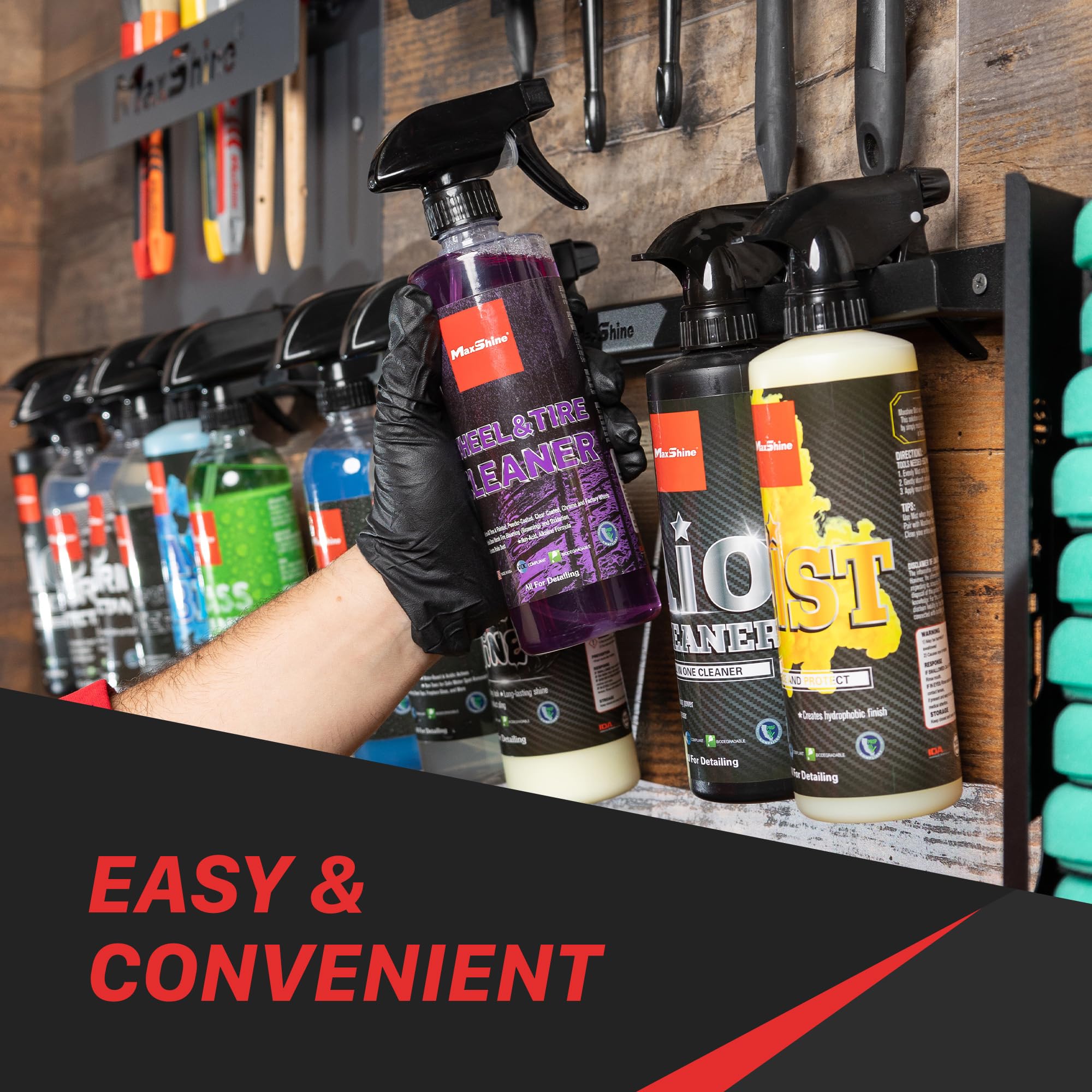 Maxshine Trigger Bottle Holder Universal H03D (Black Metal) | Wall-Mount Organizer Holds 6 Spray Bottles | Lightweight & Durable Rack for Garage Storage, Car Wash, Auto Detailing & Cleaning Supplies
