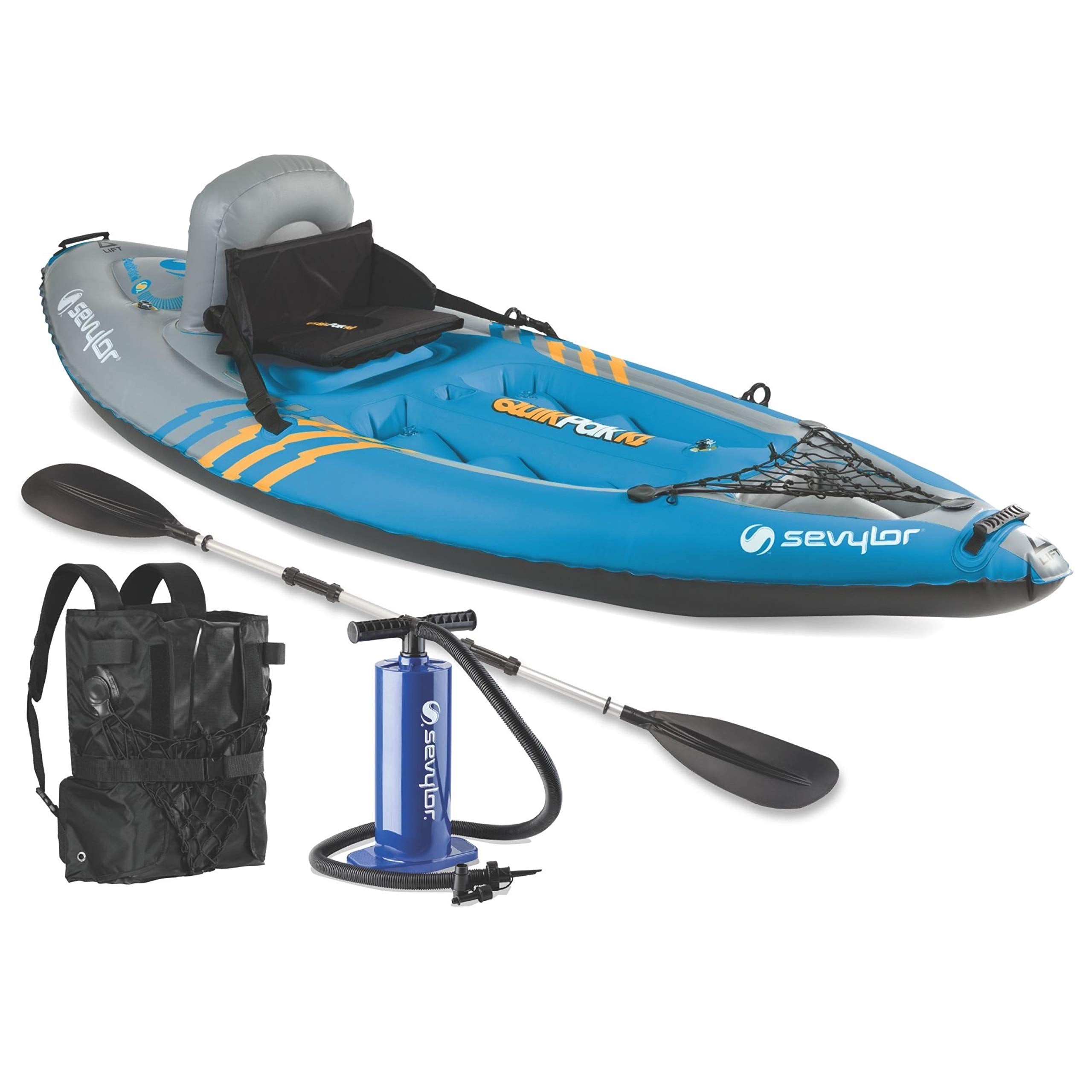 Sevylor K1 QuickPak 1-Person Inflatable Kayak, Kayak Folds into Backpack with 5-Minute Setup, 21-Gauge PVC Construction; Hand Pump & Paddle Included