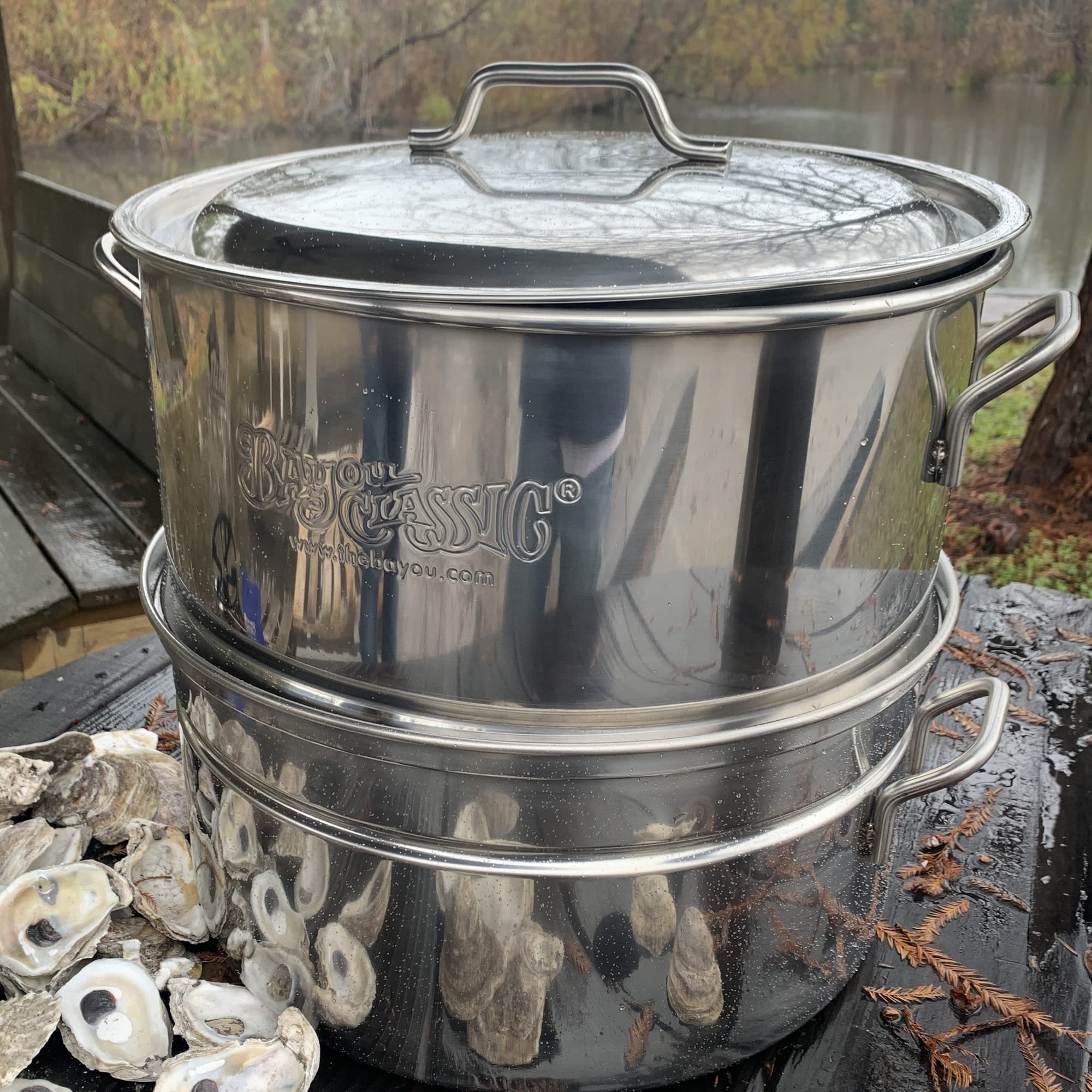 Bayou Classic Stainless Oyster Steamer 300-505 Features Heavy Welded Loop Handles Domed Vented Lid Perfect For Steaming Up To A Half Bushel of Seafood and Vegetables