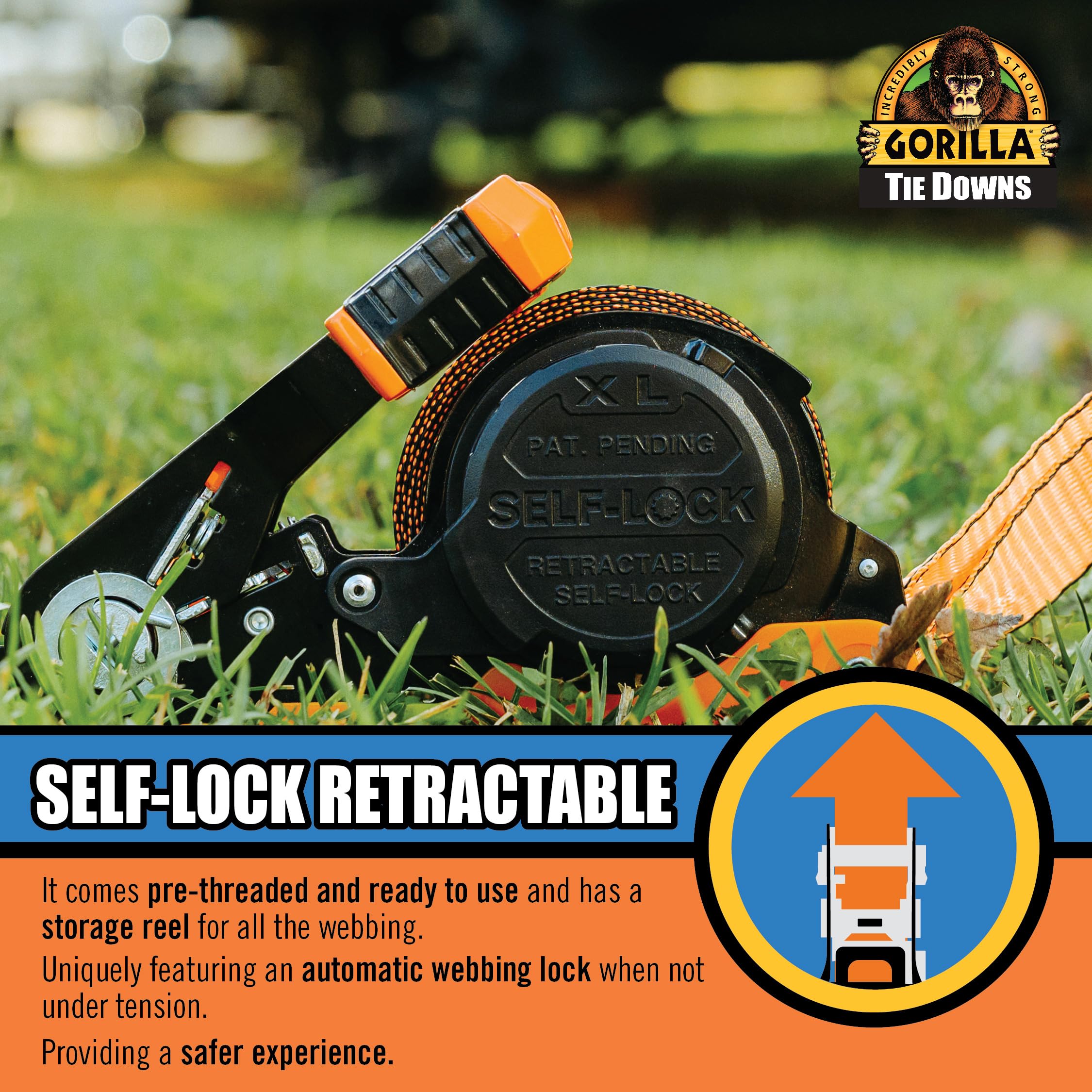 Gorilla Tie Down Ratchet Straps (2Pack) 1in x 16ft 1200lb Break Strength, Self-Locking Retractable, Heavy-Duty Orange Webbing, Gorilla-Grip Handles, Cap Locks, E-Coated Ratchets, Vinyl Hooks for Cargo