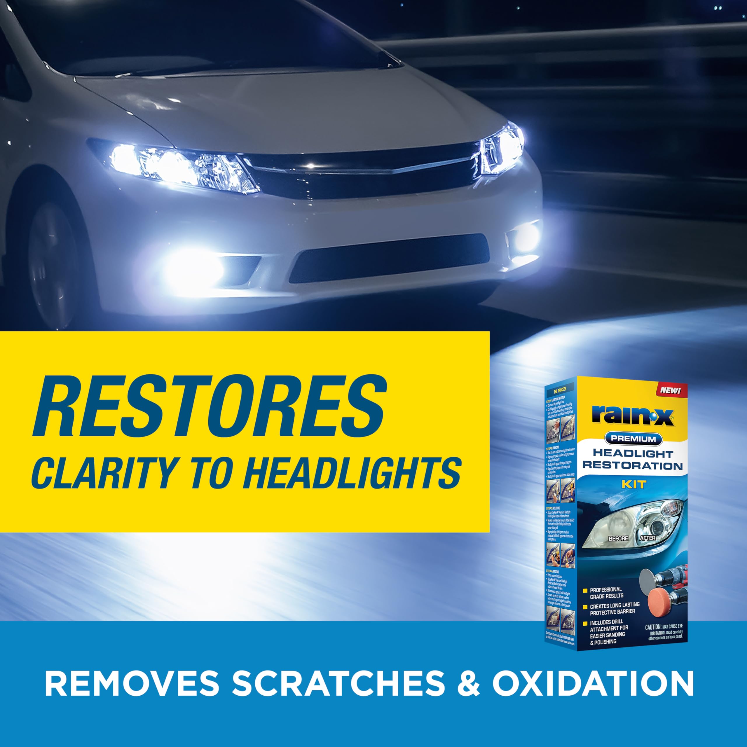 Headlight Restoration Kit Rain-X 610153 - Car Light Lens Cleaner/Restorer with Sanding & Polishing Drill Attachments & Sealant Wipe, Removes Scratches & Oxidation- All in 1 Long Lasting Formula