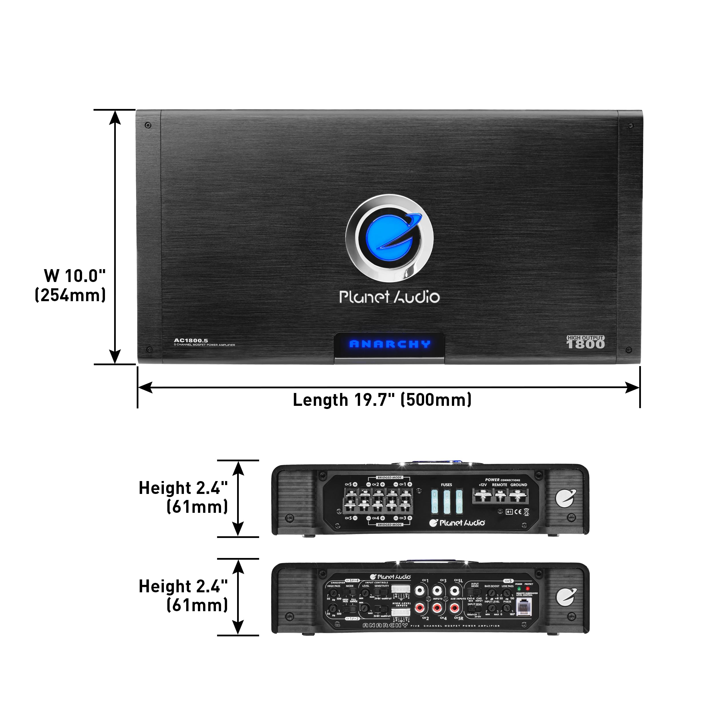 Planet Audio 5 Channel AC1800.5 Car Amplifier - 1800 High Output, High/Low Level Inputs, High/Low Pass Crossover, Full Range, Bass for Subwoofer