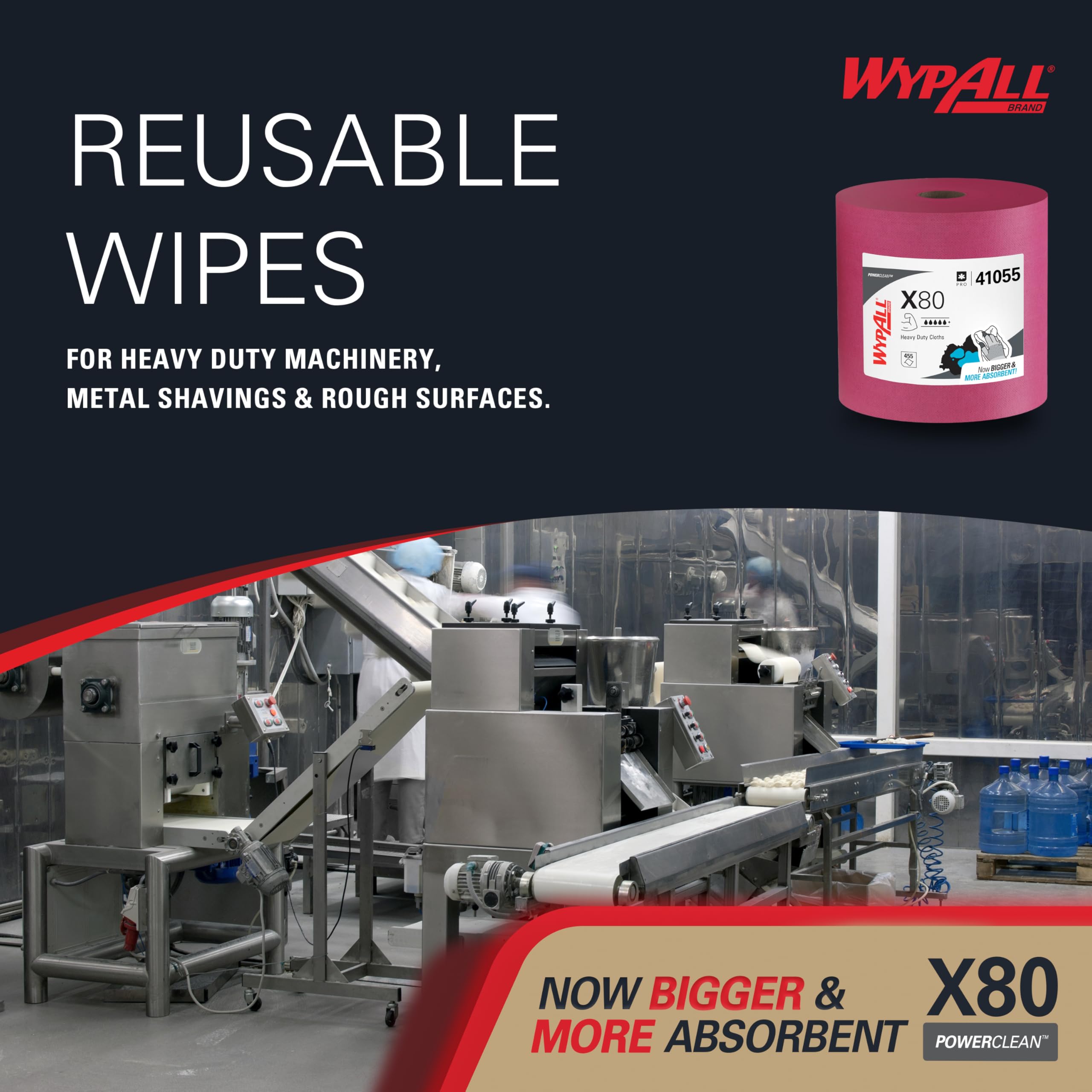 WypAll X80 PowerClean Cloths Heavy Duty Wipes (41055), Jumbo, Extended Use Towels, Red (1 Roll of 455 Sheets, 455 Sheet Total)