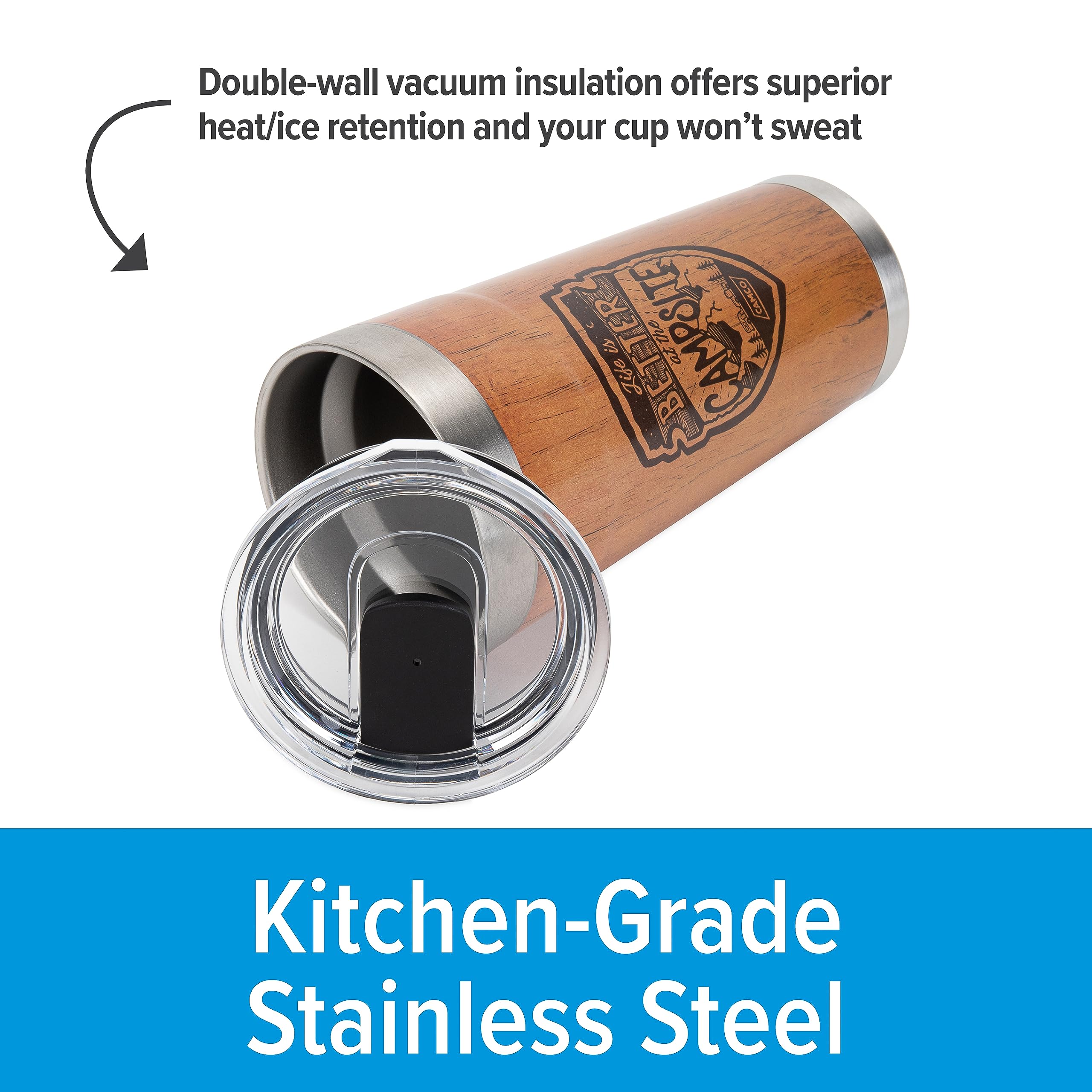 Wrapped Stainless Steel Tumbler Camco Life is Better at The Campsite - Features Double Wall Vacuum Insulation for Heat/Ice Retention & Unique Wood Grain Design - Holds 20 oz. (53327)