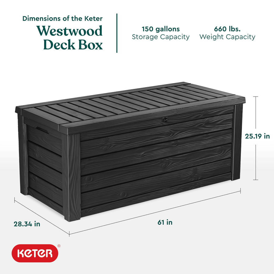 150 Gallon Keter Westwood Large Outdoor Resin Storage Box for Patio Furniture, Outdoor Cushions, Garden Tools and Pool Floats, Dark Grey