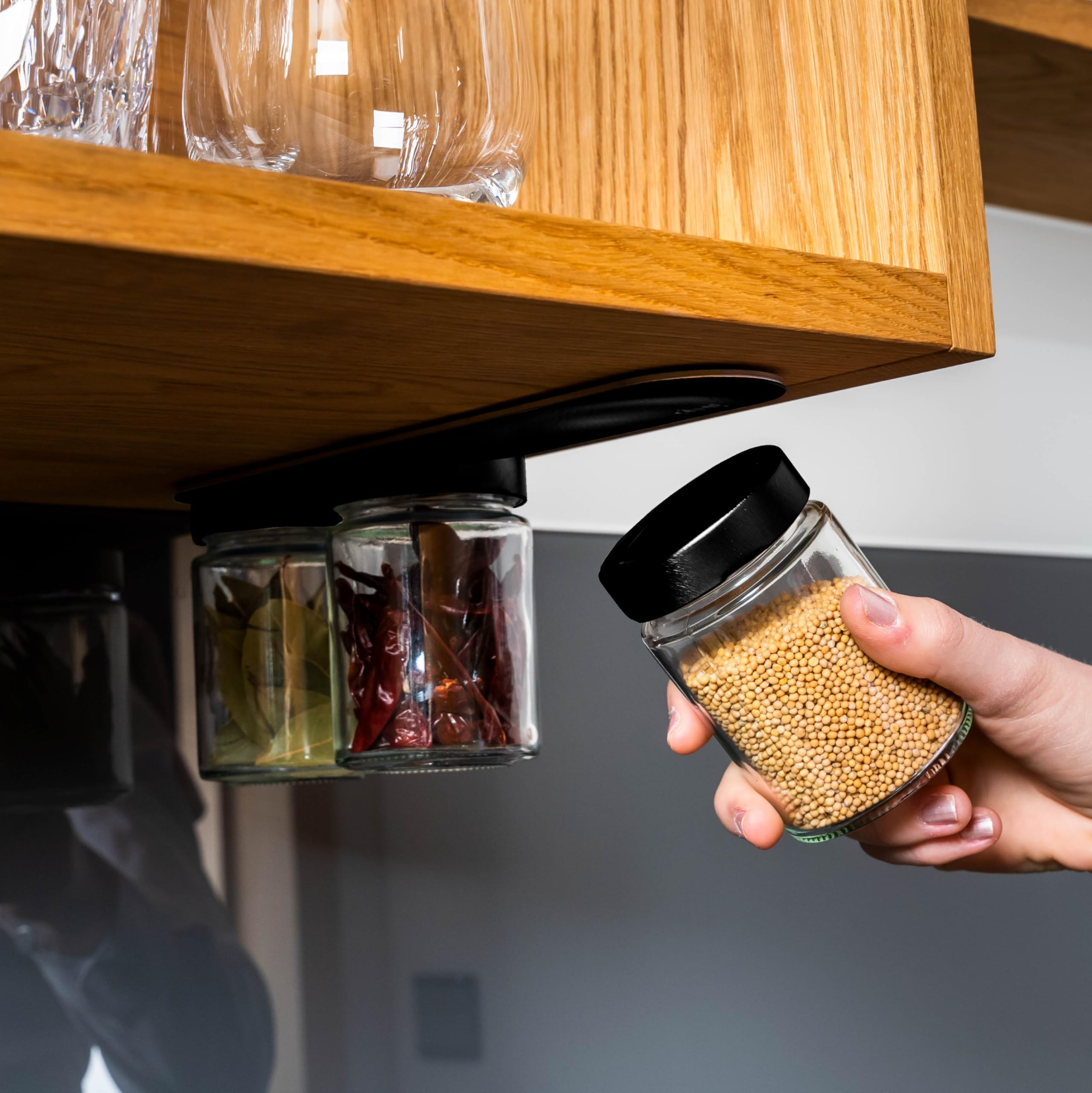 Classy silwy® Delicatessen Magnetic Glasses (Set of 3, 192 ml) with Integrated Magnets, Black Metal Strip & Space-Saving Overhead Storage