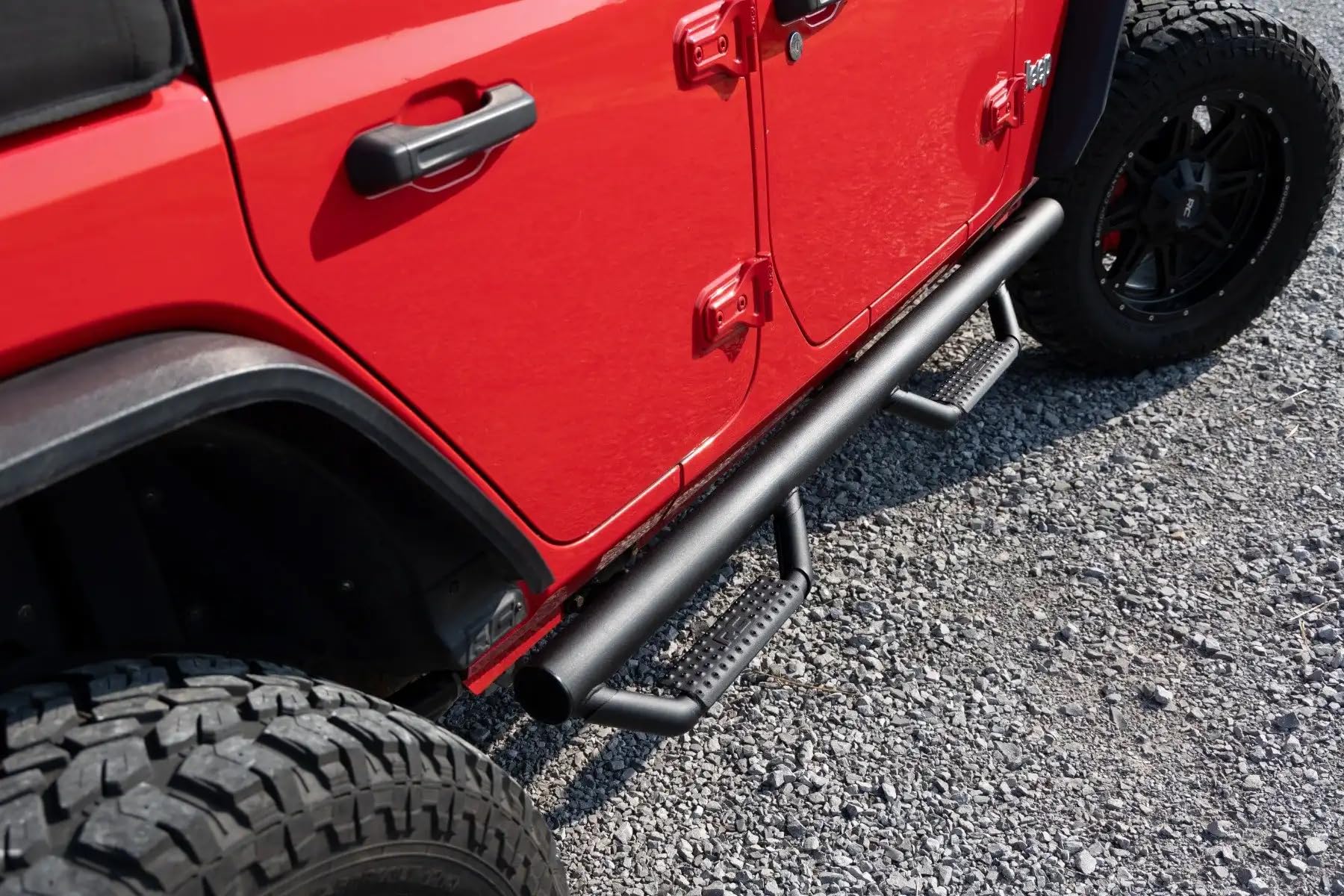 Rough Country Nerf Step Bars Unlimited for Jeep Wrangler (2018-2025) 4-Door - Rugged Full Length Nerf Bars with Side Steps, Bolt-On Install