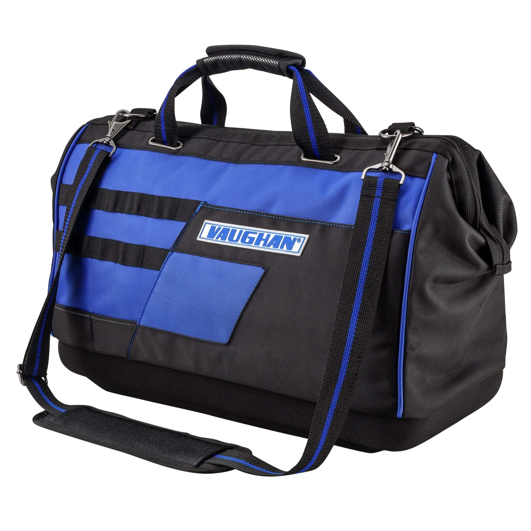 20 inch Vaughan Heavy Duty Wide Mouth Tool Bag 1680 Denier Polyester, 12 Pockets, 13 Tool Loops, Molded EVA Bottom, Carry Handles, Shoulder Strap, Carabiner Clip, 20 in. x 13 in. x 9 in. - 240158