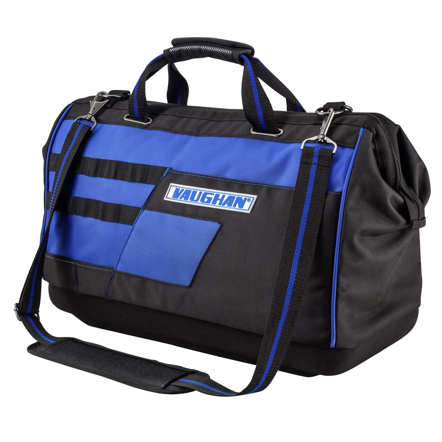 20 inch Vaughan Heavy Duty Wide Mouth Tool Bag 1680 Denier Polyester, 12 Pockets, 13 Tool Loops, Molded EVA Bottom, Carry Handles, Shoulder Strap, Carabiner Clip, 20 in. x 13 in. x 9 in. - 240158